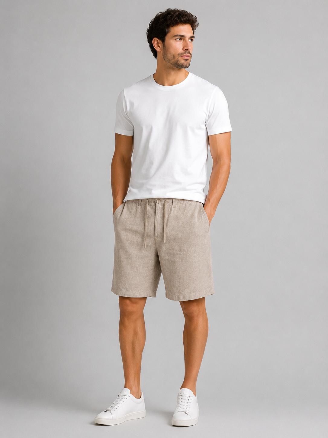 Men's Linen Cotton Blend Tailored Shorts in Dark Beige with Drawstring and Pockets