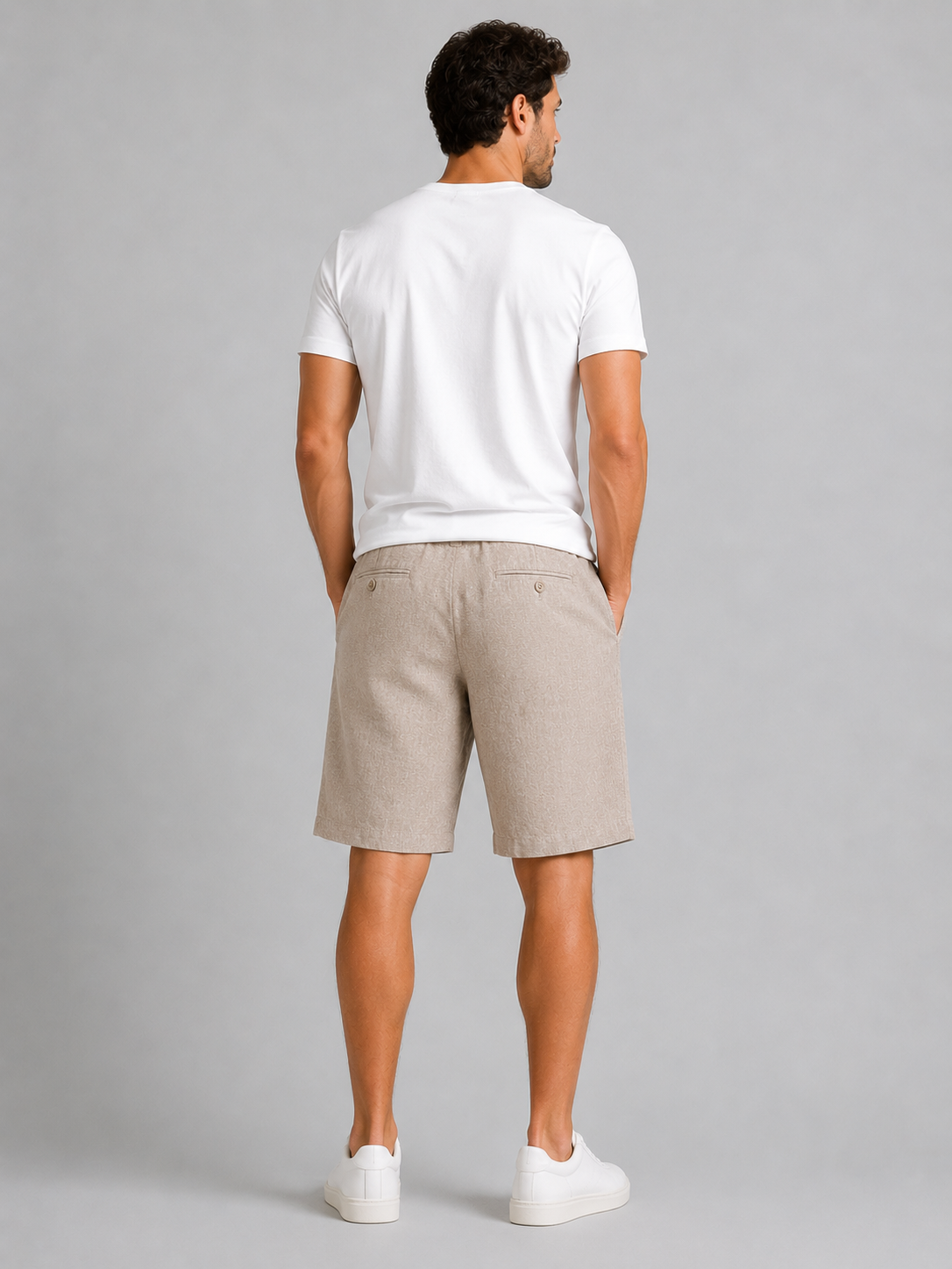 Men's Linen Cotton Blend Tailored Shorts in Dark Beige with Drawstring and Pockets