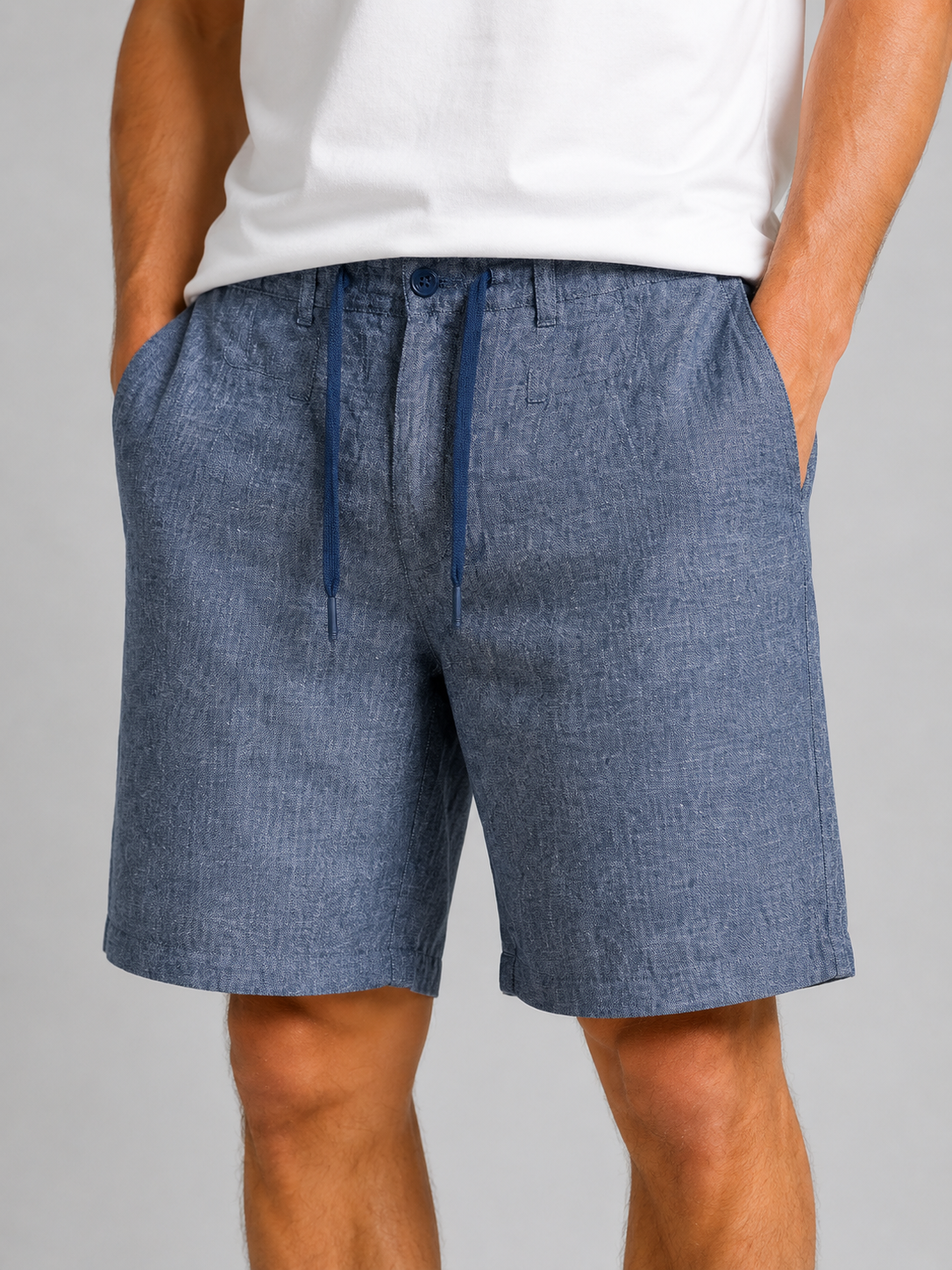 Men's Linen Cotton Blend Tailored Shorts in Denim Blue with Drawstring and Pockets