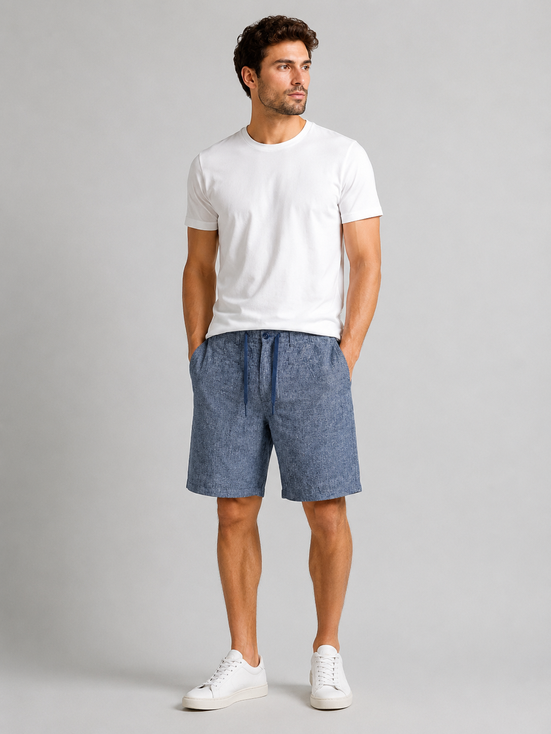 Men's Linen Cotton Blend Tailored Shorts in Denim Blue with Drawstring and Pockets