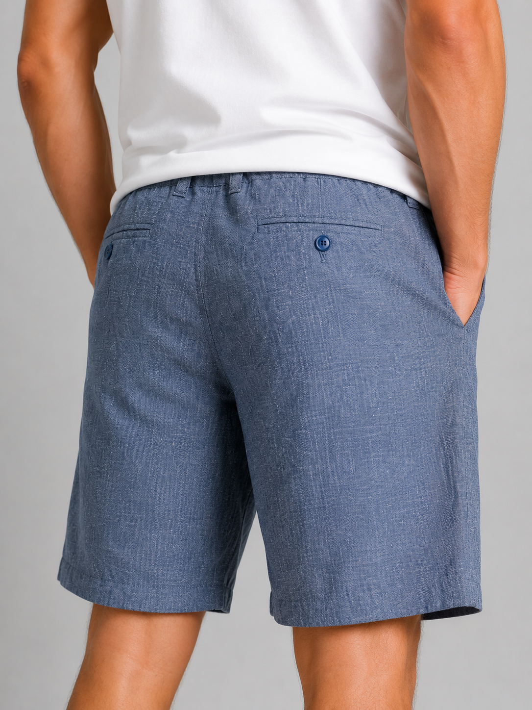 Men's Linen Cotton Blend Tailored Shorts in Denim Blue with Drawstring and Pockets