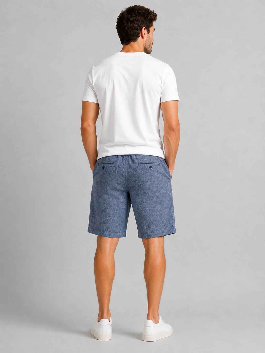 Men's Linen Cotton Blend Tailored Shorts in Denim Blue with Drawstring and Pockets