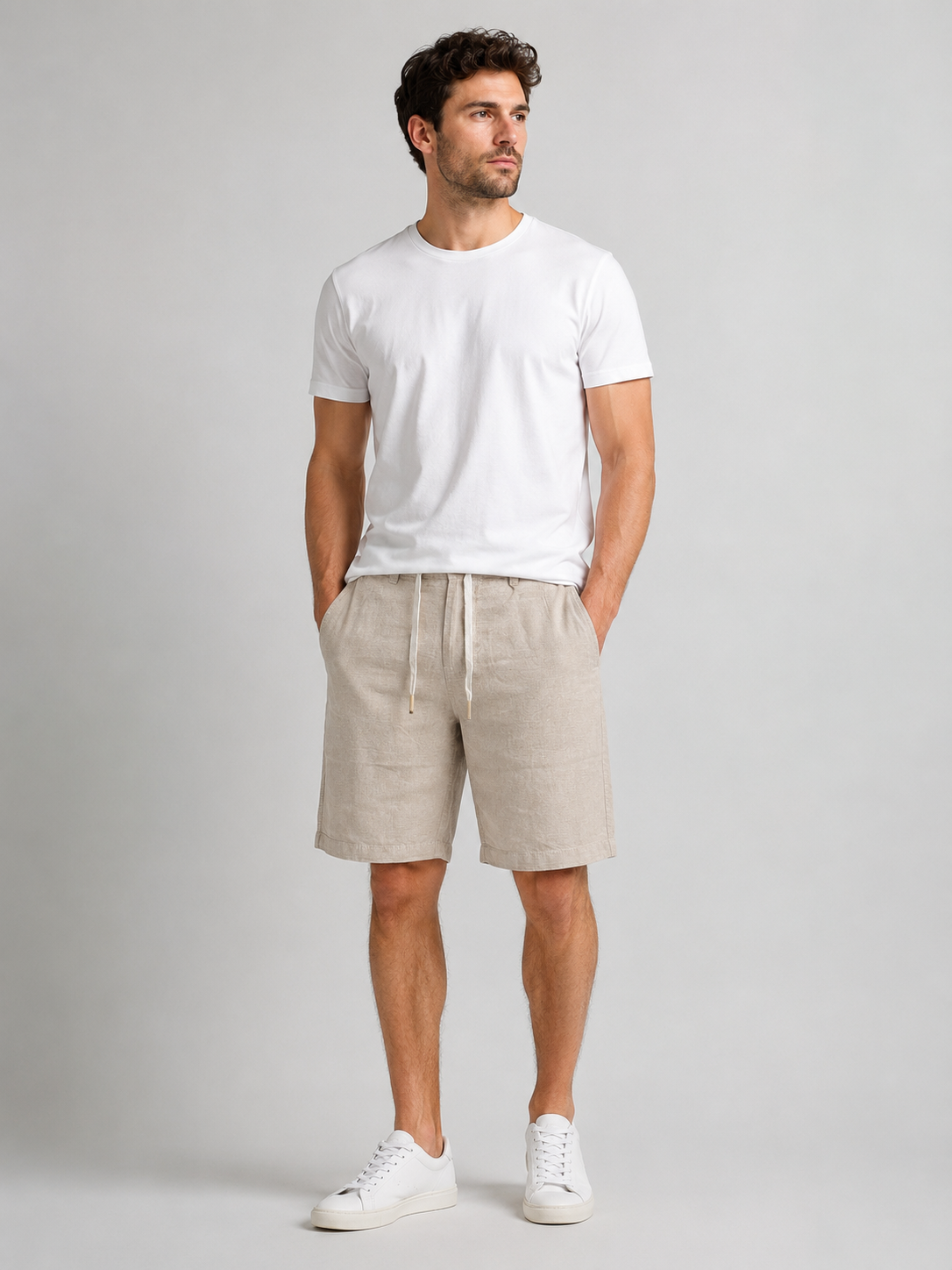 Men's Linen Cotton Blend Tailored Shorts in Light Beige with Drawstring and Pockets