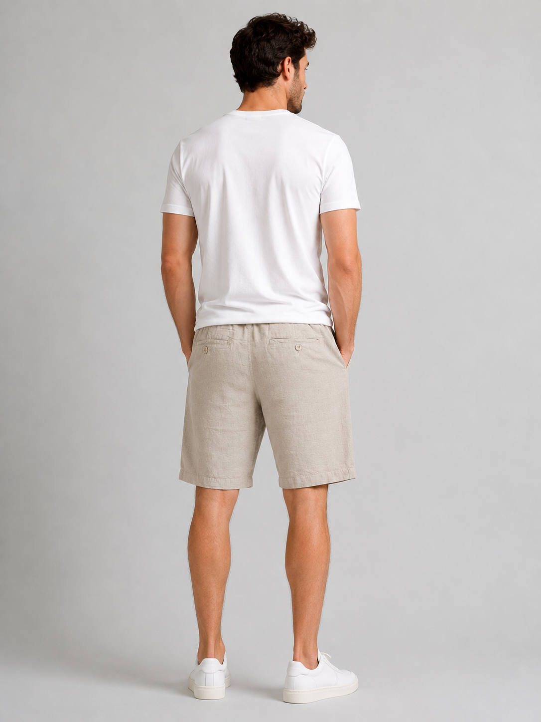 Men's Linen Cotton Blend Tailored Shorts in Light Beige with Drawstring and Pockets