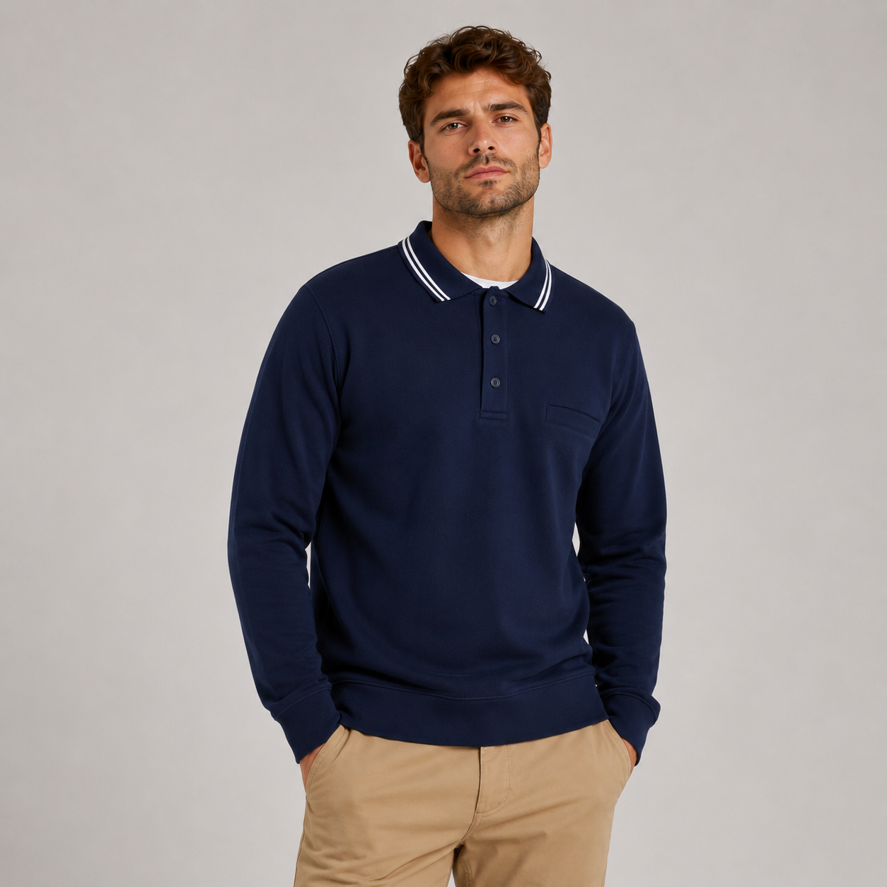 Men’s long sleeve collared sweatshirt in Navy with contrast striped polo collar