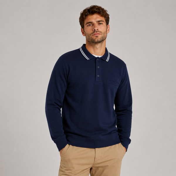 Men's Long Sleeve Polo Sweatshirt with Tipped Collar (Navy)
