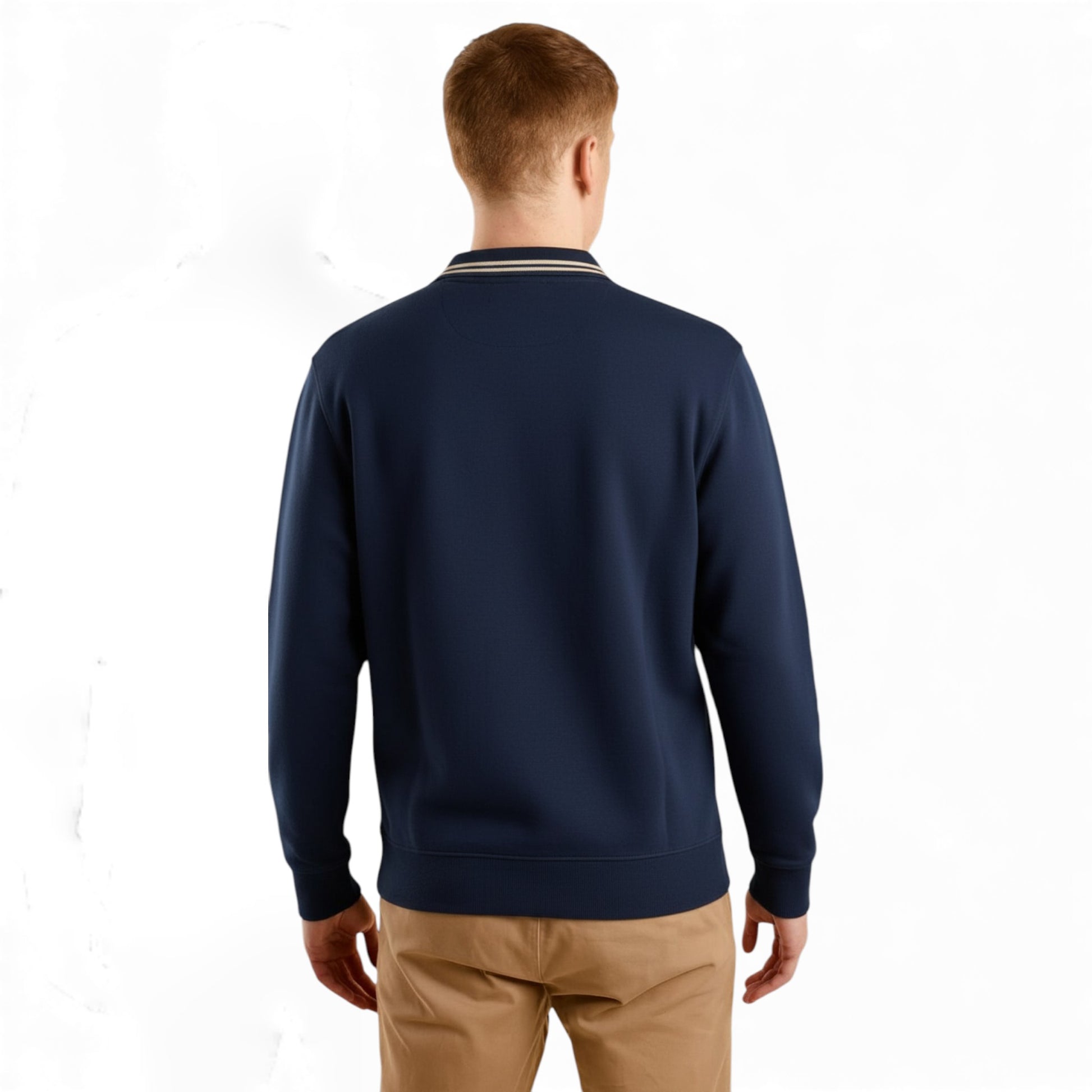 Men’s long sleeve collared sweatshirt in Navy Blue with contrast striped polo collar