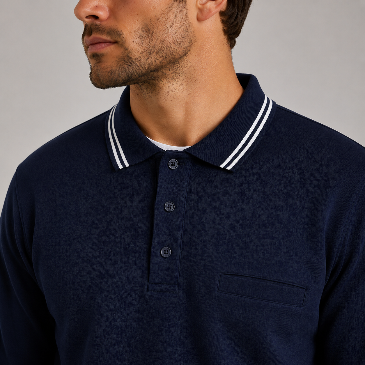 Men’s long sleeve collared sweatshirt in Navy with contrast striped polo collar