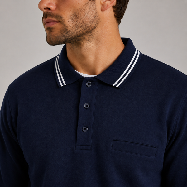 Men's Long Sleeve Polo Sweatshirt with Tipped Collar (Navy)