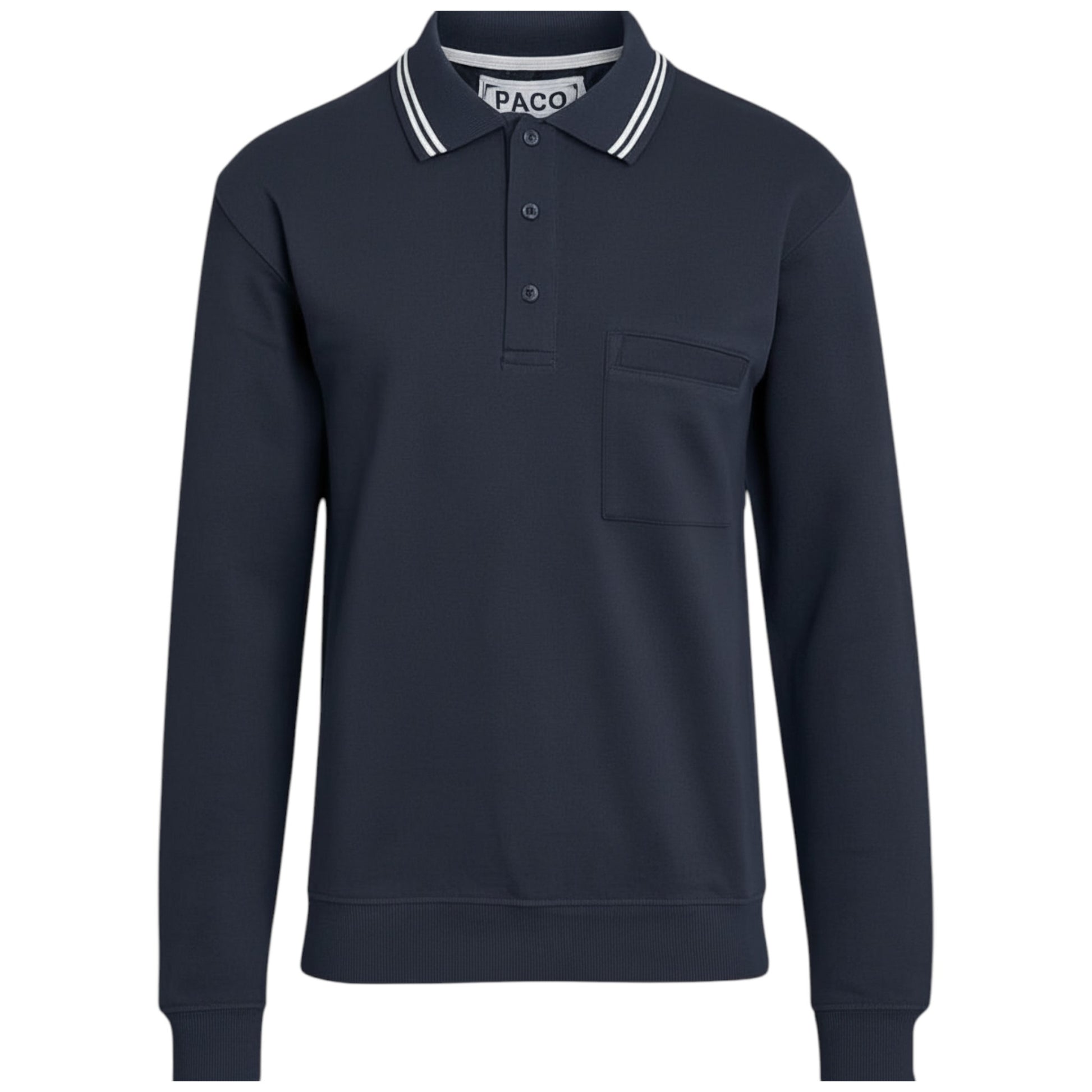 Men’s long sleeve collared sweatshirt in Navy Blue with contrast striped polo collar