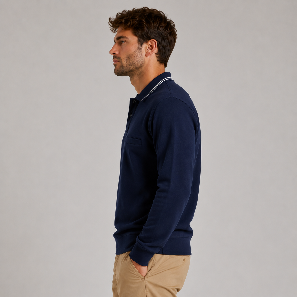 Men’s long sleeve collared sweatshirt in Navy with contrast striped polo collar