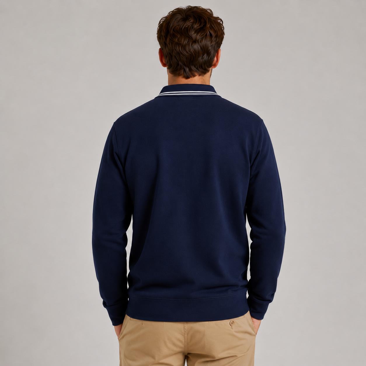 Men’s long sleeve collared sweatshirt in Navy with contrast striped polo collar