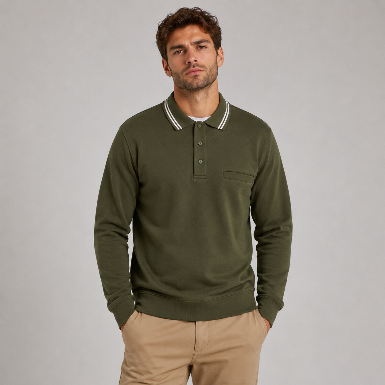 Men’s long sleeve collared sweatshirt in Olive Green with contrast striped polo collar