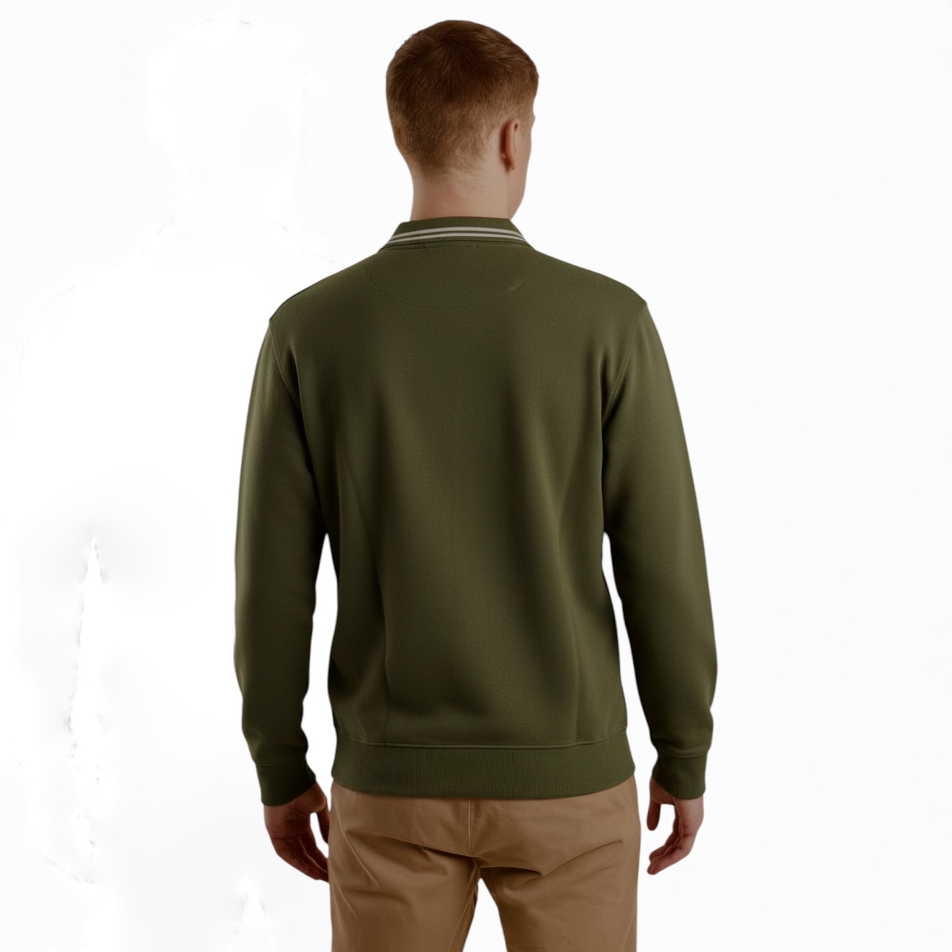Men’s long sleeve collared sweatshirt in Olive Green with contrast striped polo collar