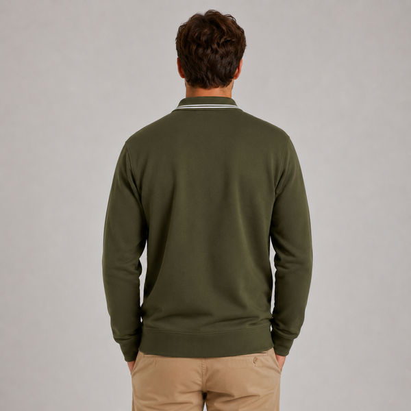 Men's Long Sleeve Polo Sweatshirt with Tipped Collar (Olive)