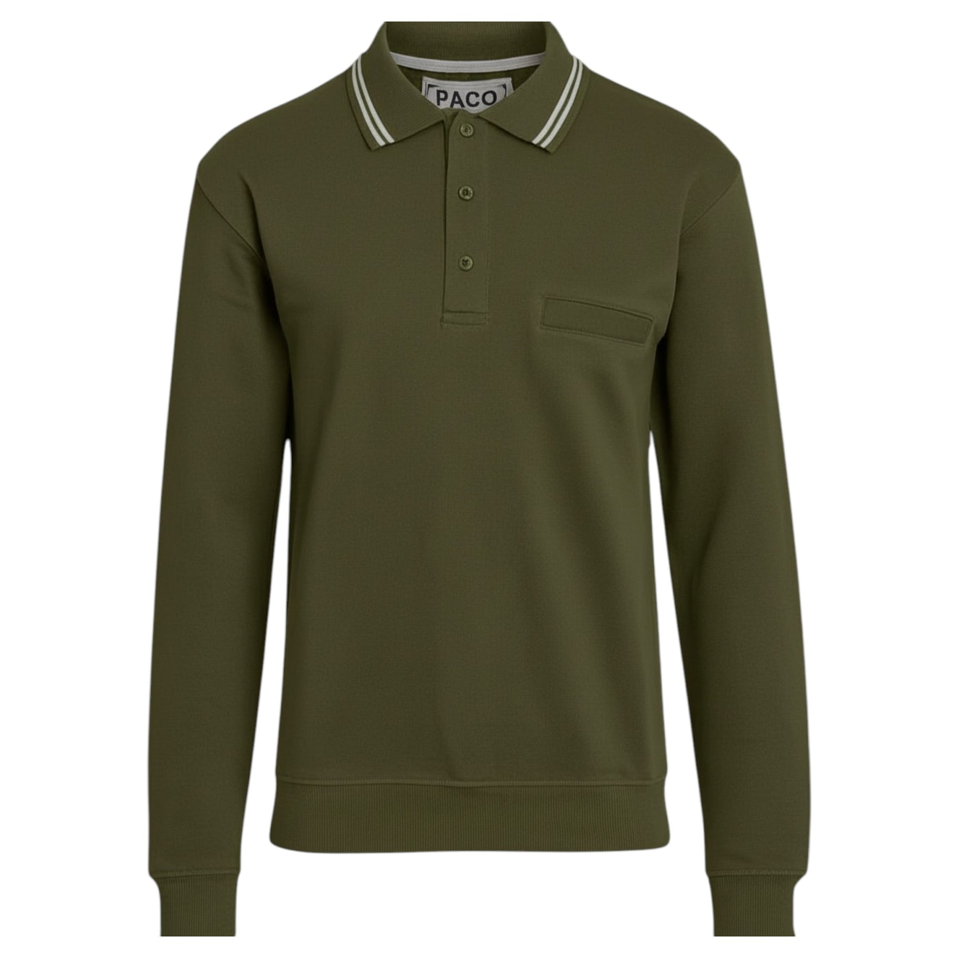 Men’s long sleeve collared sweatshirt in Olive Green with contrast striped polo collar