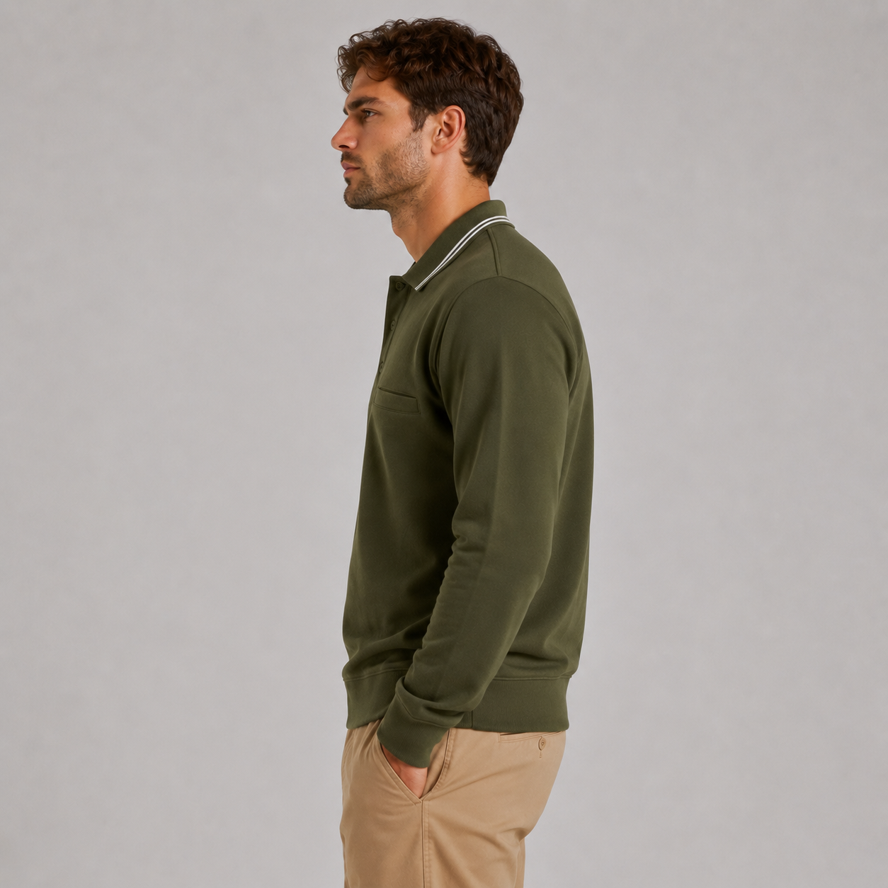 Men’s long sleeve collared sweatshirt in Olive Green with contrast striped polo collar