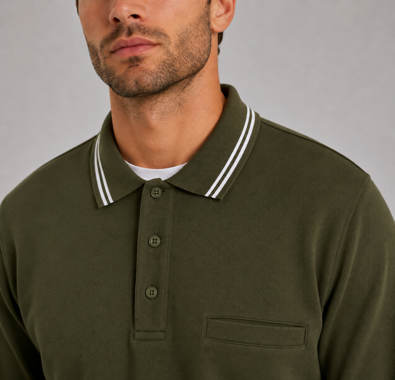 Men’s long sleeve collared sweatshirt in Olive Green with contrast striped polo collar