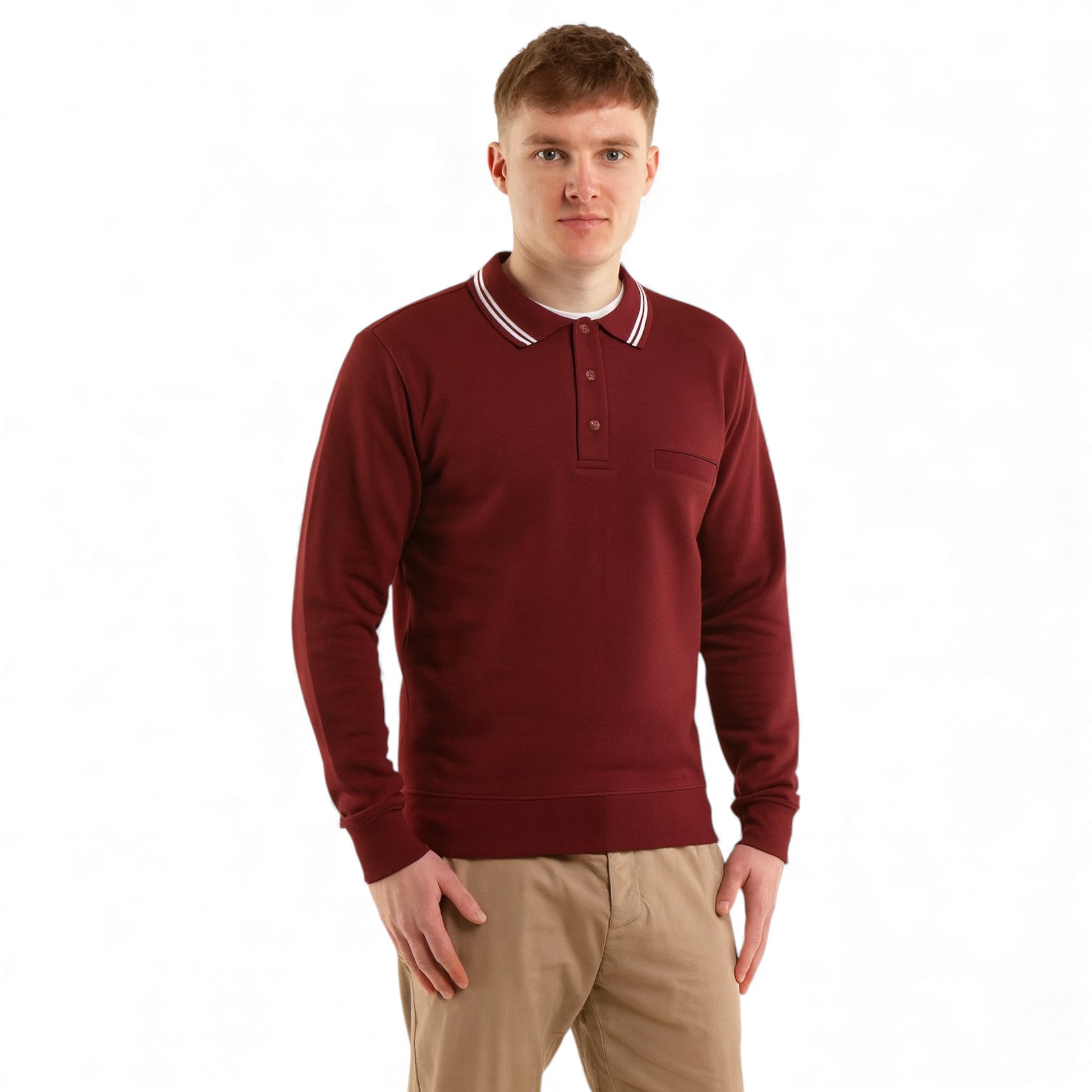 Men’s long sleeve collared sweatshirt in burgundy with contrast striped polo collar