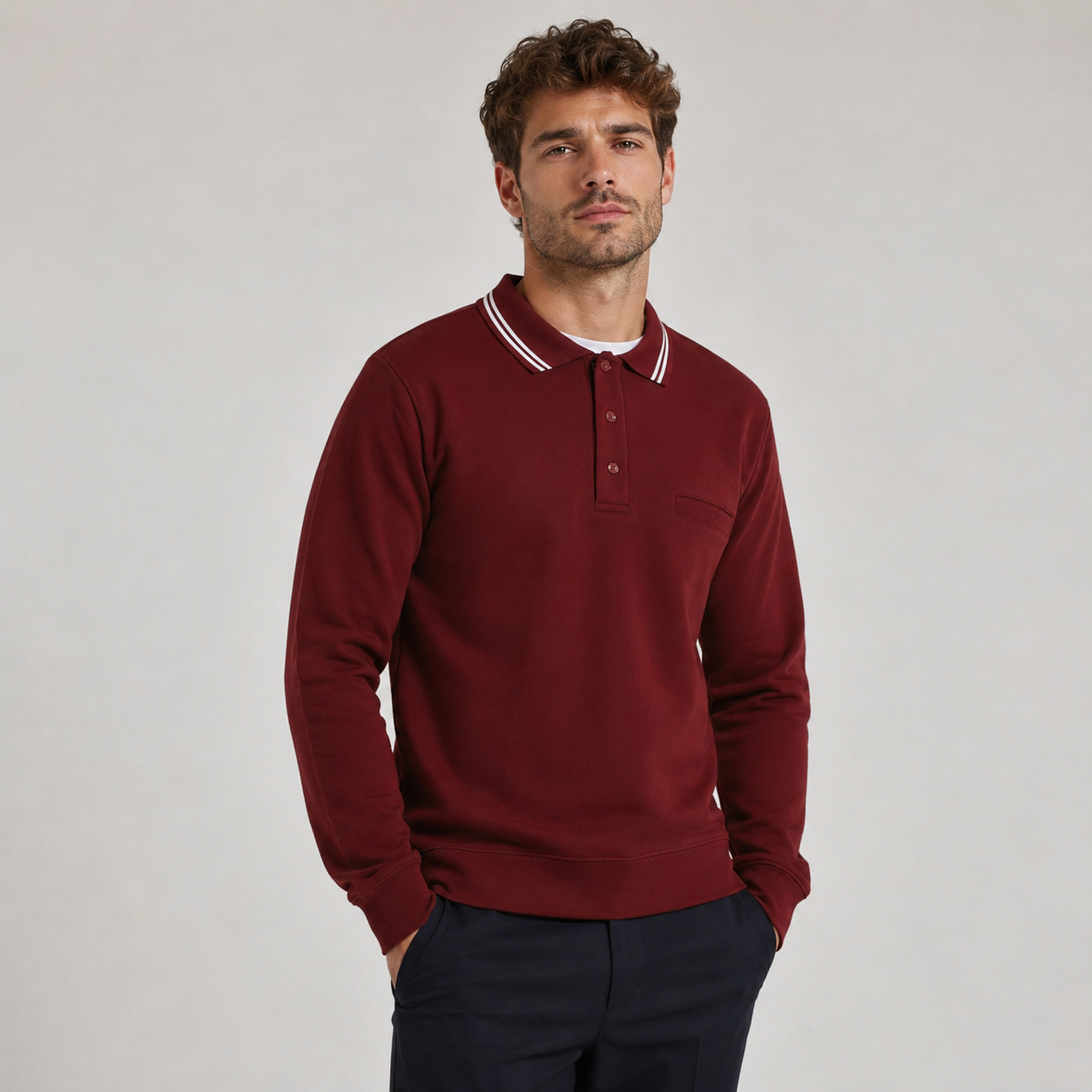 Men’s long sleeve collared sweatshirt in burgundy with contrast striped polo 