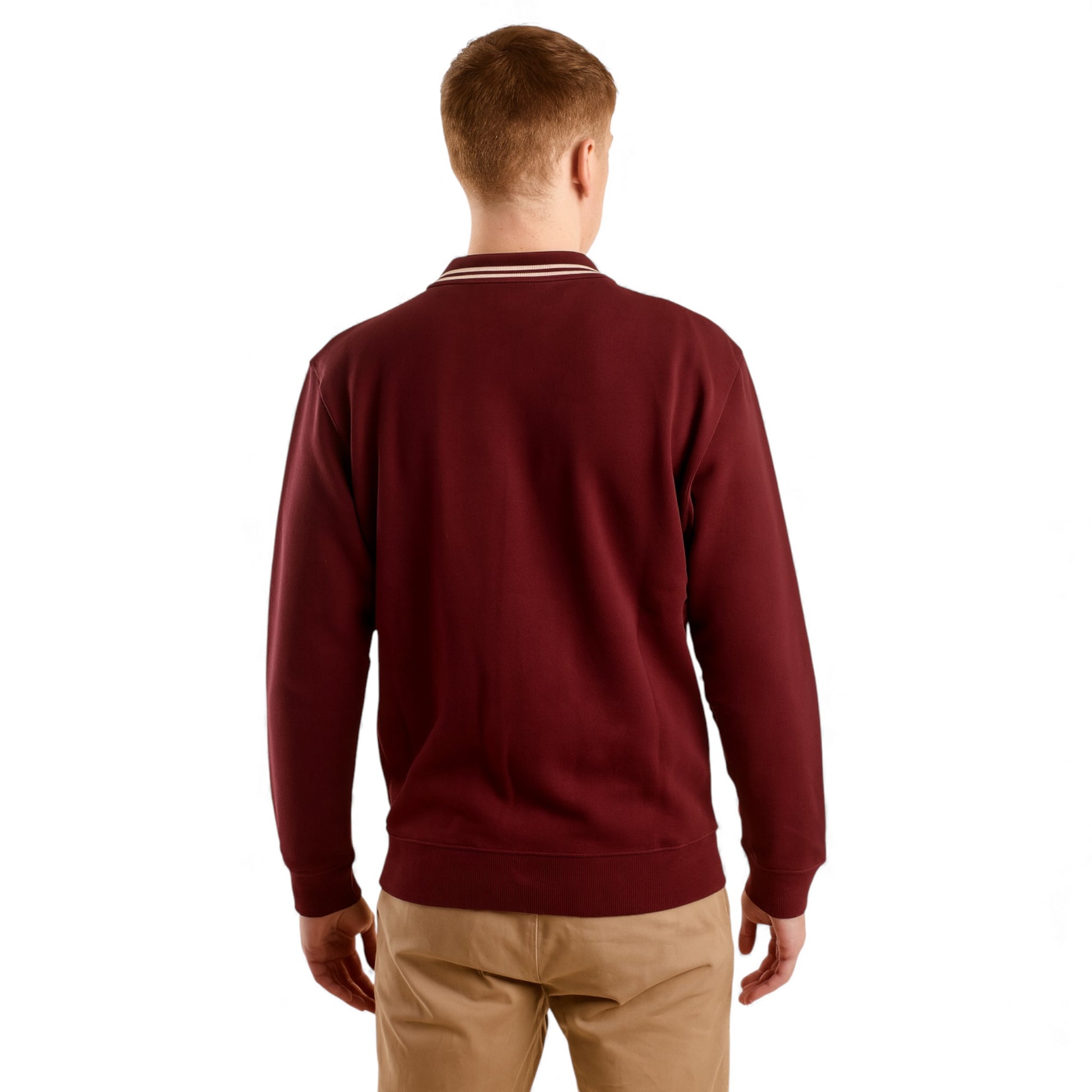 Men’s long sleeve collared sweatshirt in burgundy with contrast striped polo collar