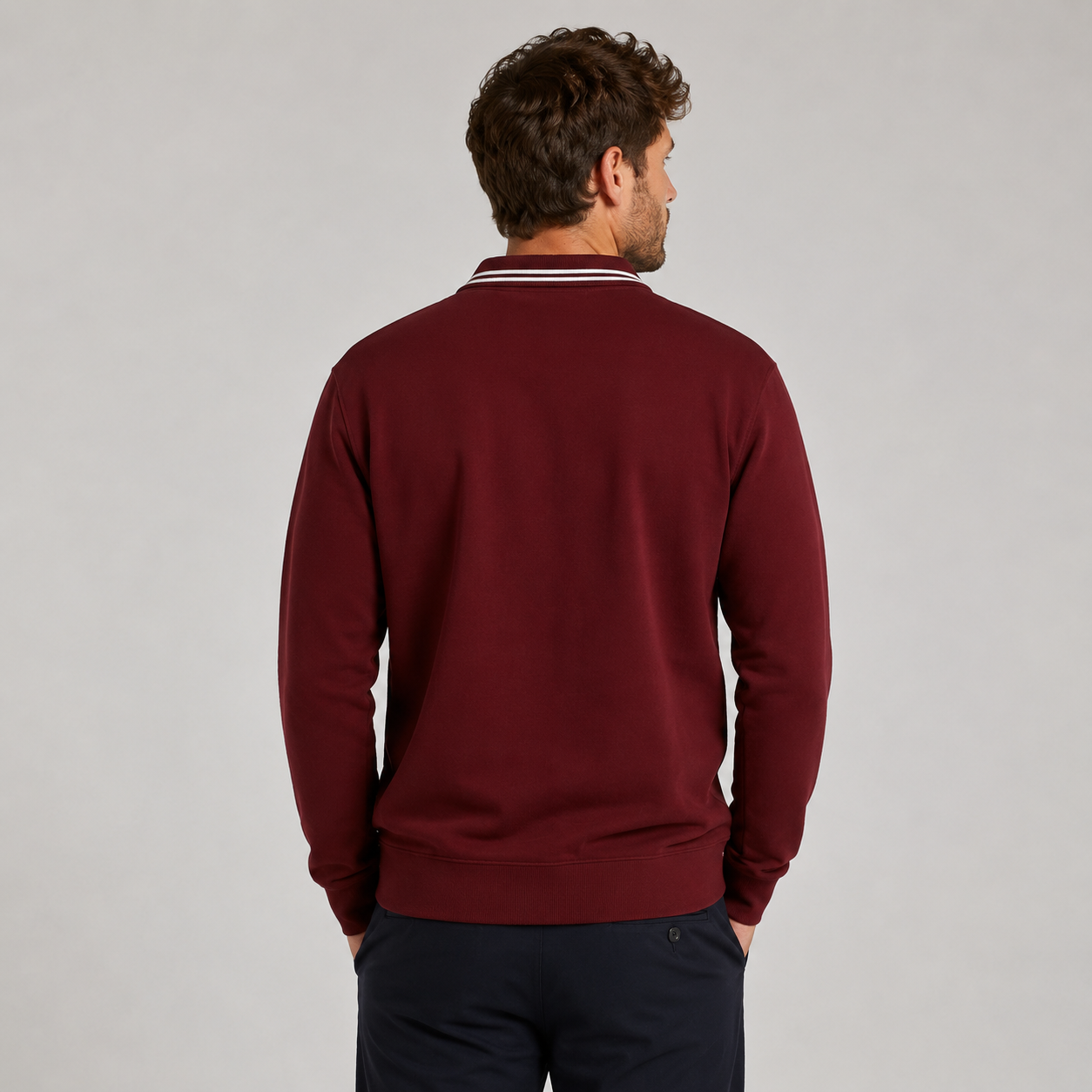 Men’s long sleeve collared sweatshirt in burgundy with contrast striped polo 