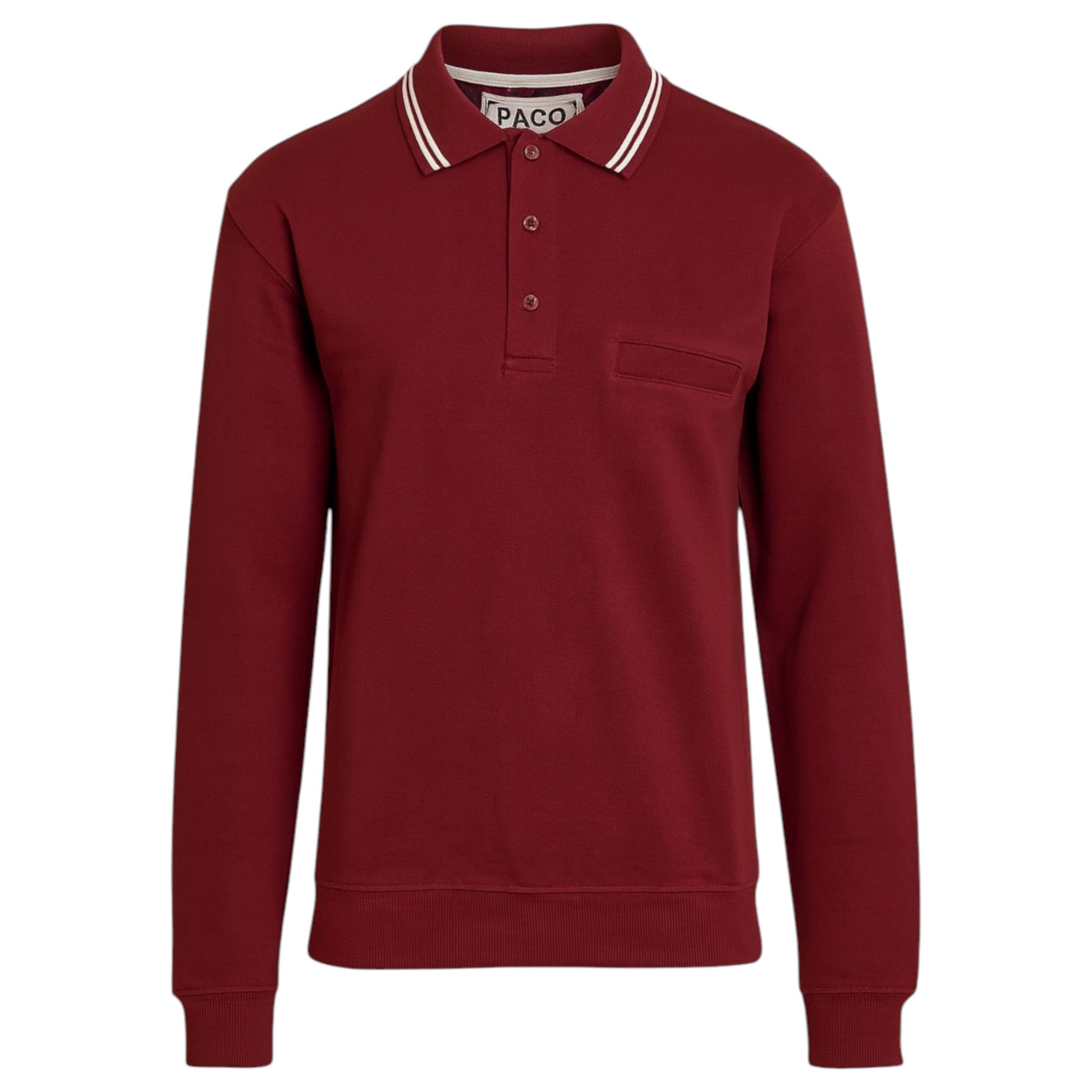 Men’s long sleeve collared sweatshirt in burgundy with contrast striped polo collar