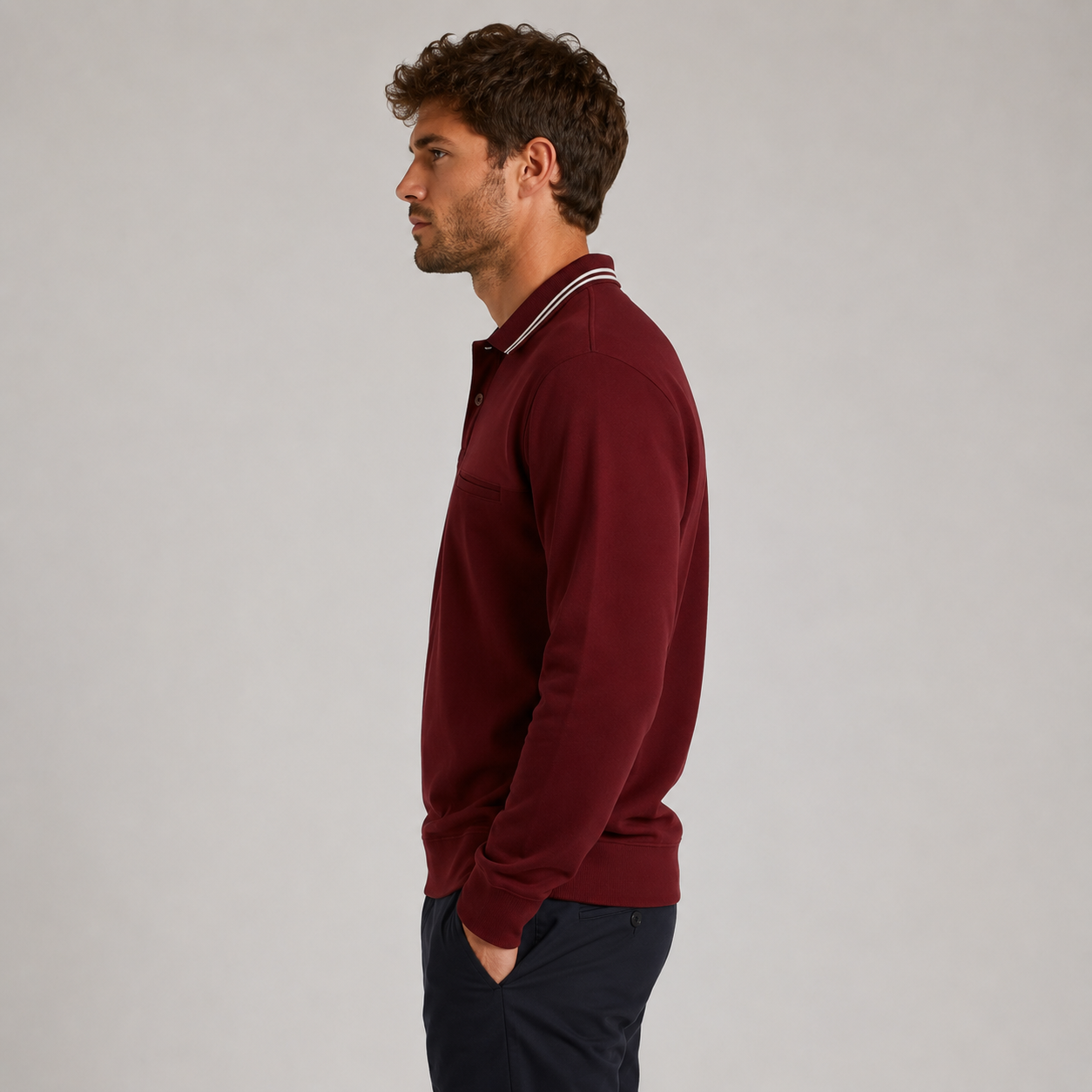 Men’s long sleeve collared sweatshirt in burgundy with contrast striped polo 