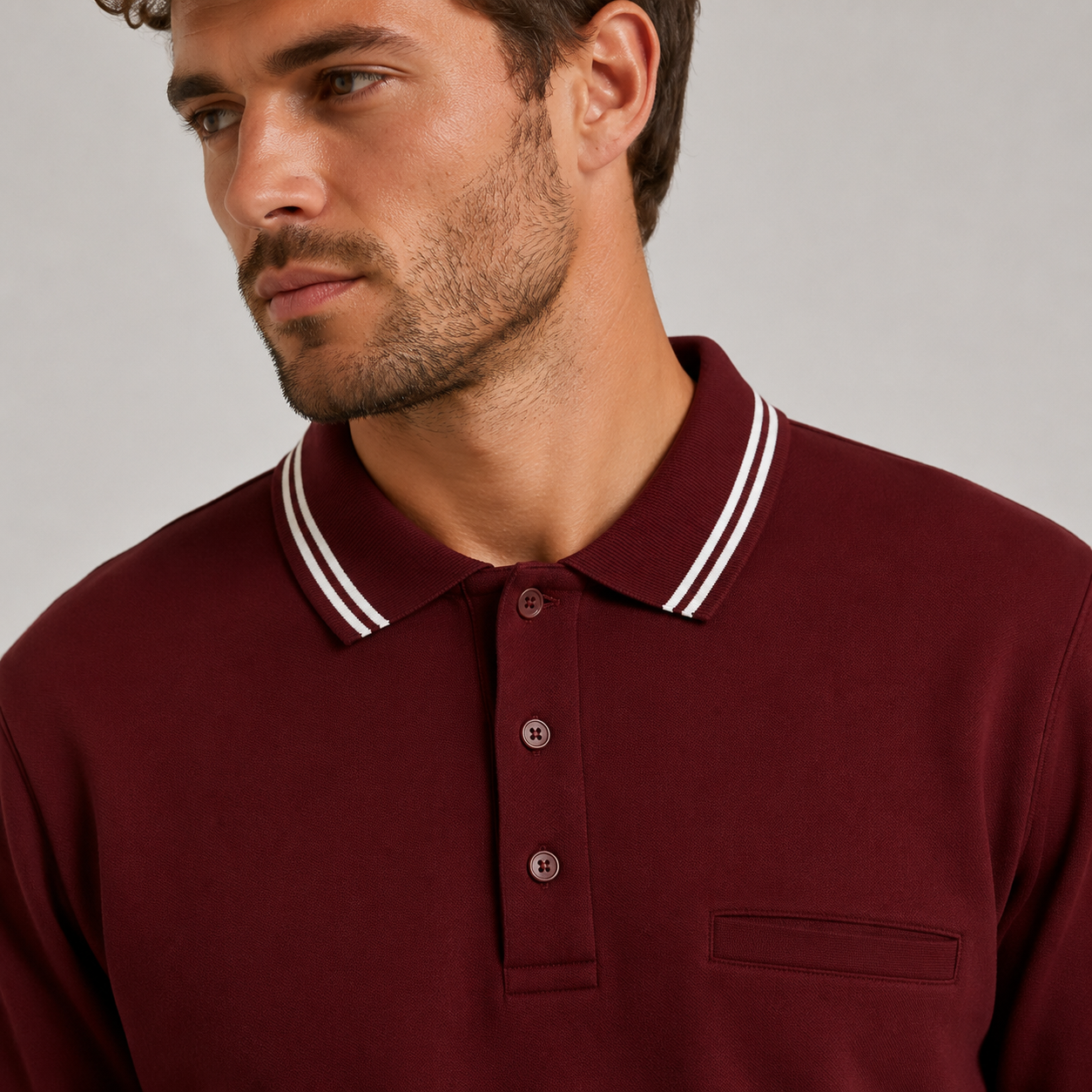 Men’s long sleeve collared sweatshirt in burgundy with contrast striped polo 