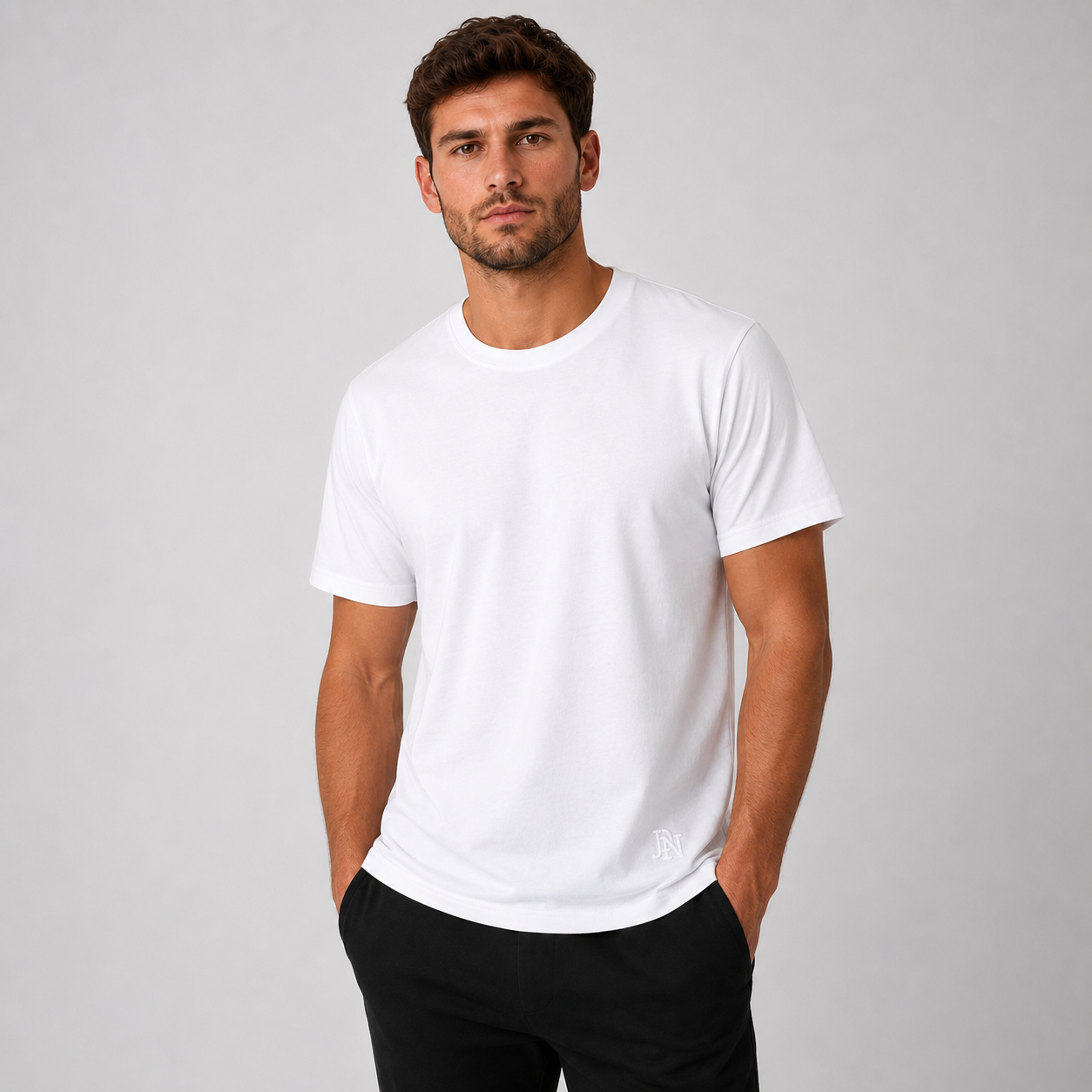 Men’s white premium t-shirt front view clean minimal style