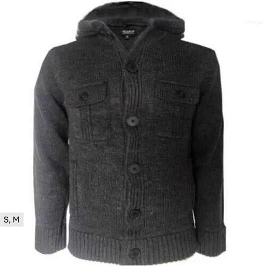 Men's Pull & Bear branded dark grey knitted cardigan with hood, button front and chest pockets
