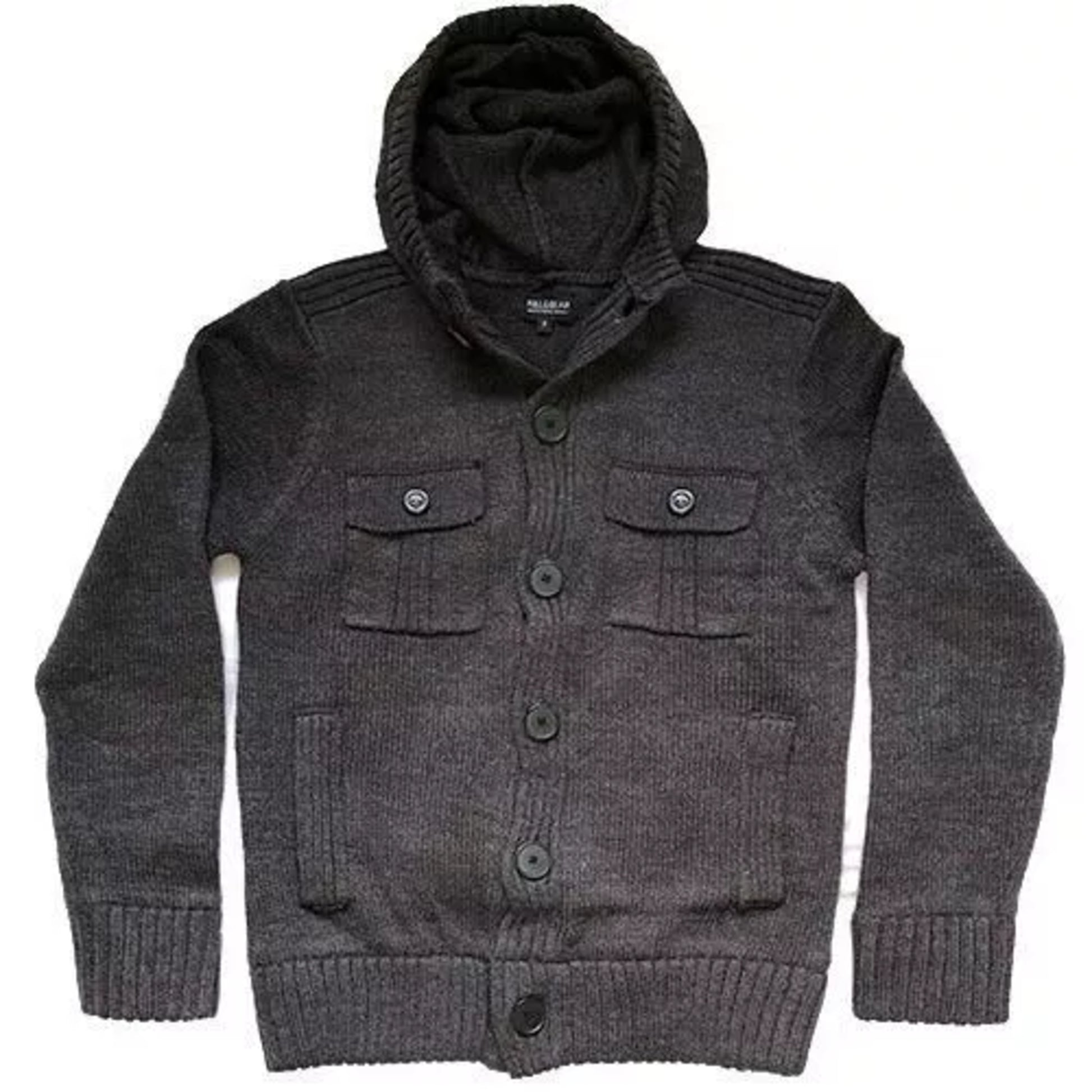 Men's Pull & Bear branded dark grey knitted cardigan with hood, button front and chest pockets