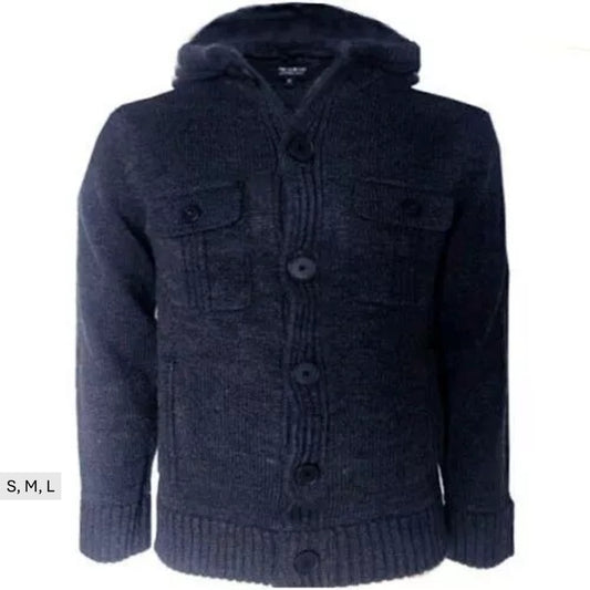 Men's Pull & Bear branded navy knitted cardigan with hood, button front and chest pockets