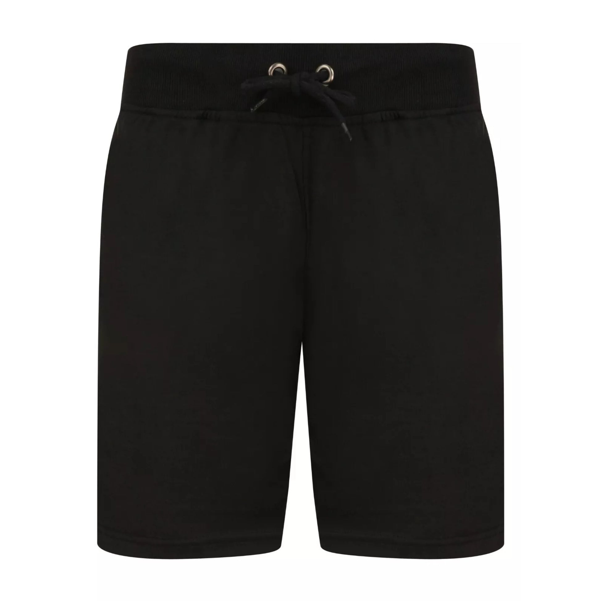 Men's black jersey sweat shorts with adjustable drawstring waistband and secure zip pockets
