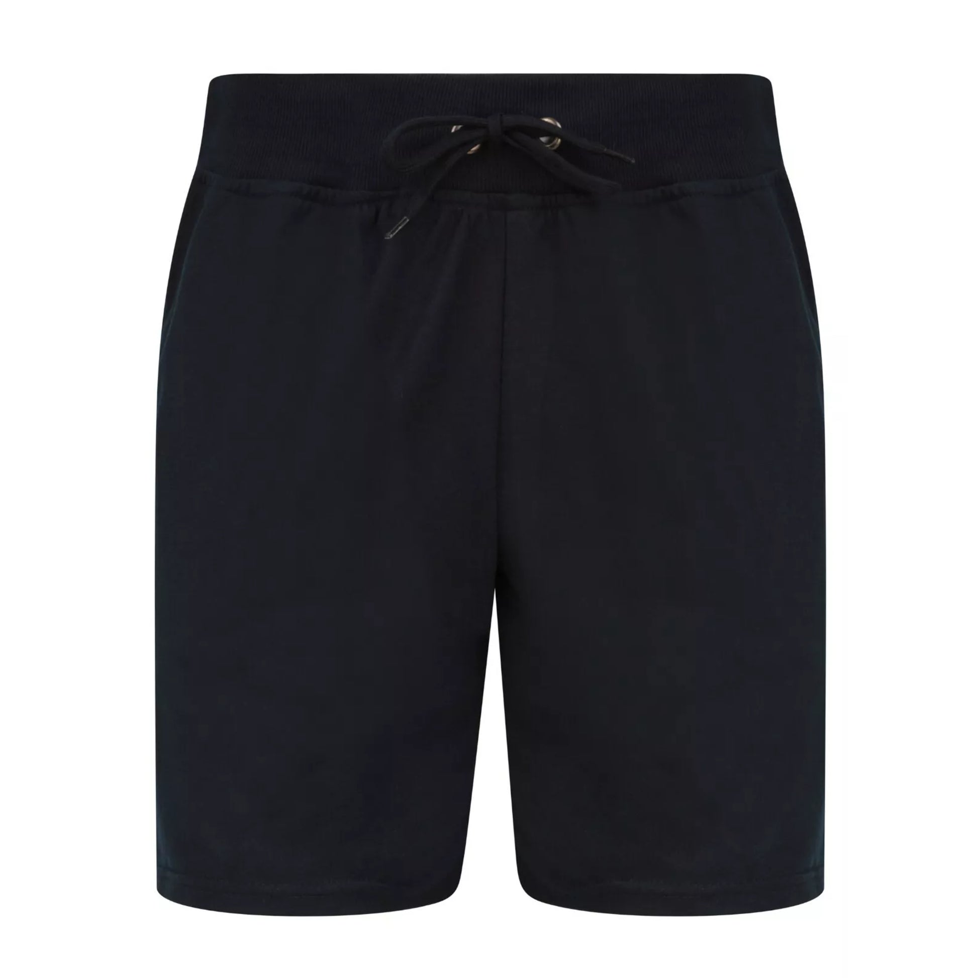 Men's Navy jersey sweat shorts with adjustable drawstring waistband and secure zip pockets