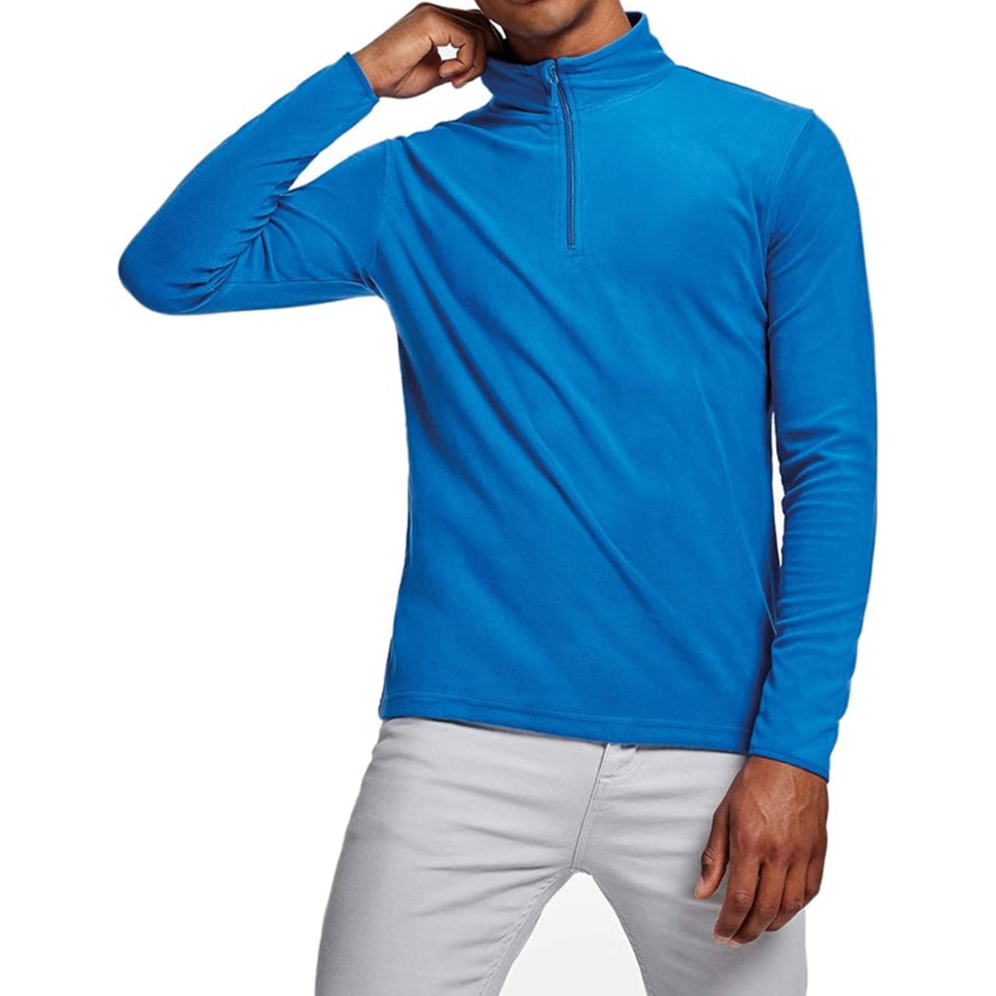 Men's microfleece half zip pullover jumper in bright blue, lightweight and warm long sleeve top for casual or outdoor wear