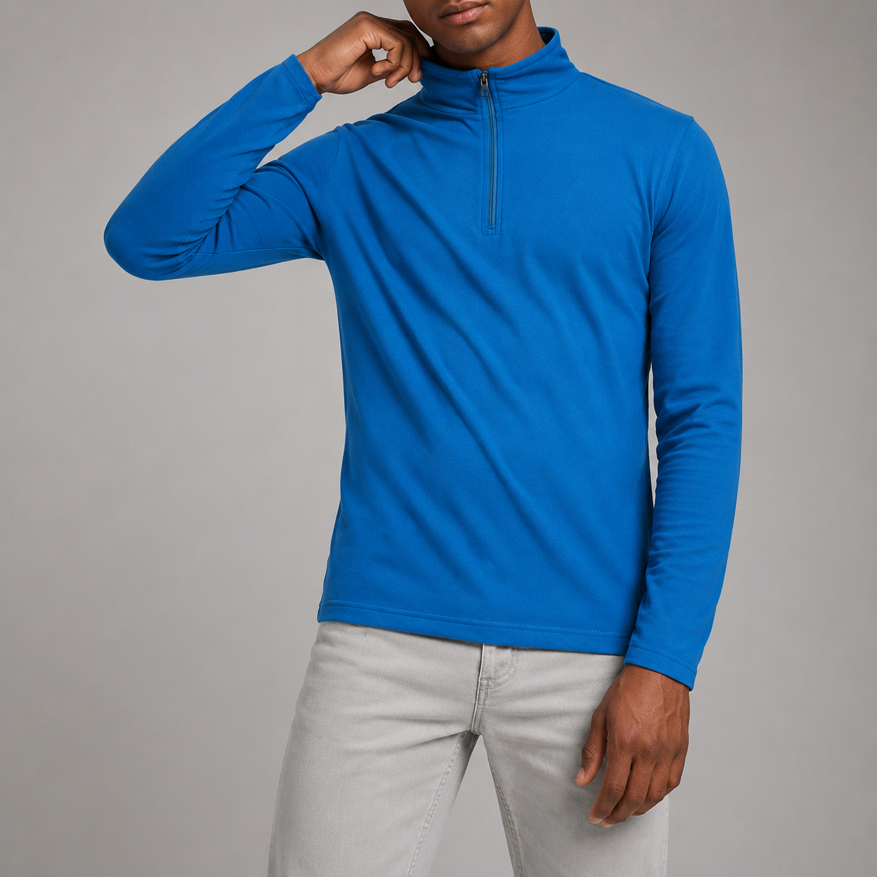Men's microfleece half zip pullover jumper in bright blue, lightweight and warm long sleeve top for casual or outdoor wear