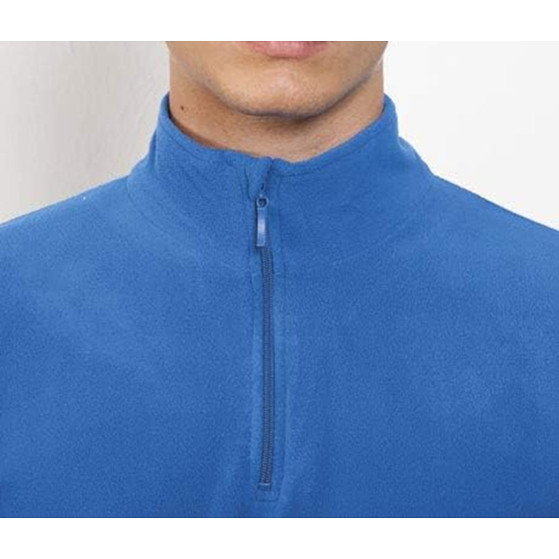 Men's microfleece half zip pullover jumper in bright blue, lightweight and warm long sleeve top for casual or outdoor wear