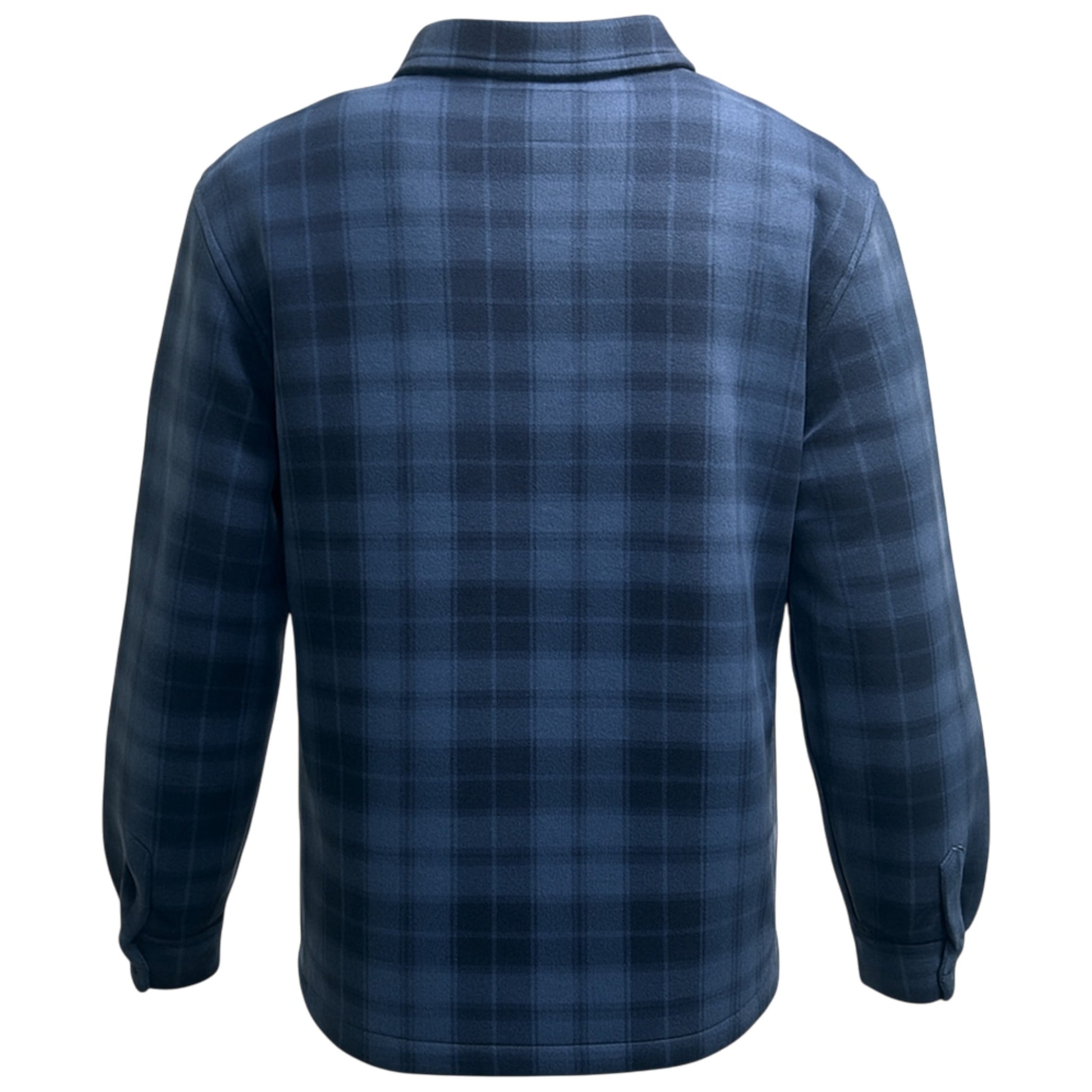 Men’s blue and black check fleece sherpa-lined work shirt jacket with zip front and chest pockets.