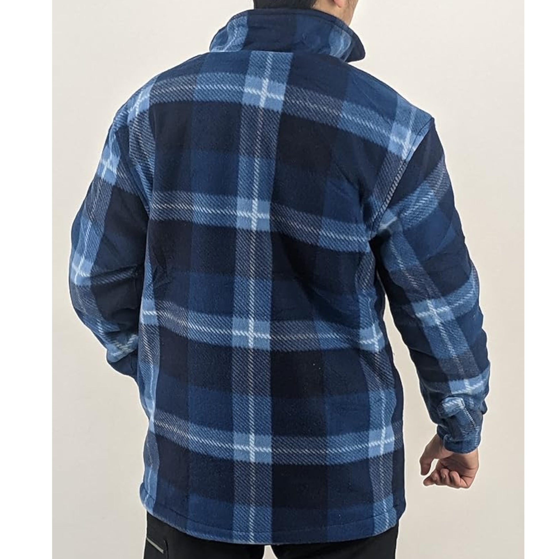 Men’s blue check fleece sherpa-lined work shirt jacket with zip front and chest pockets.