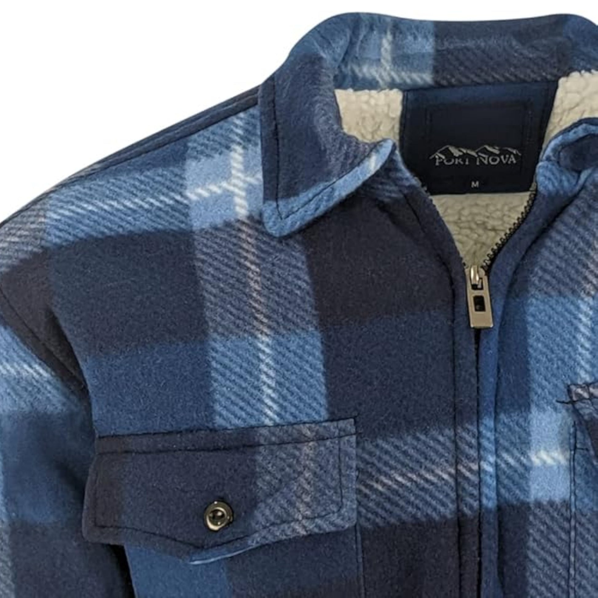 Men’s blue check fleece sherpa-lined work shirt jacket with zip front and chest pockets.