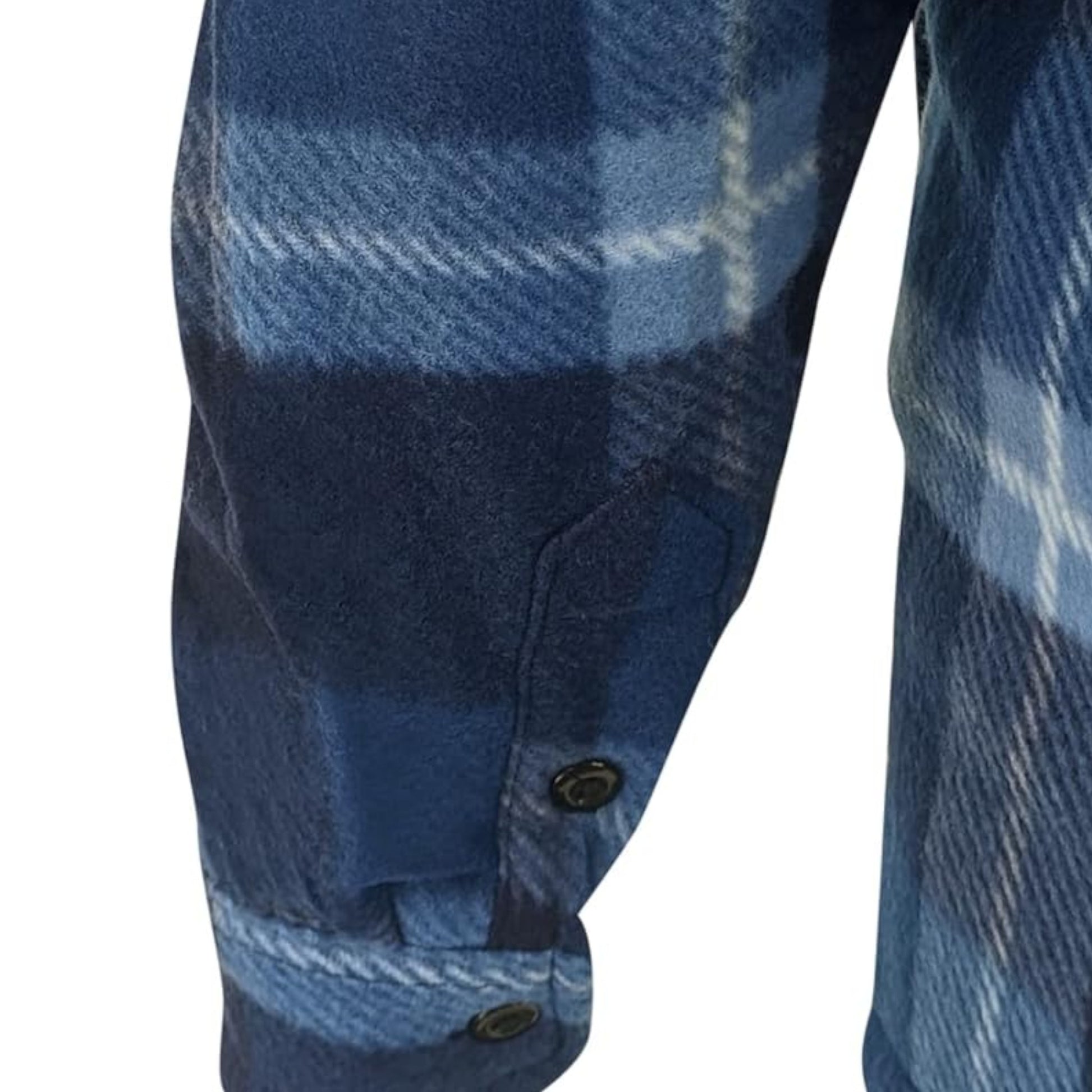 Men’s blue check fleece sherpa-lined work shirt jacket with zip front and chest pockets.