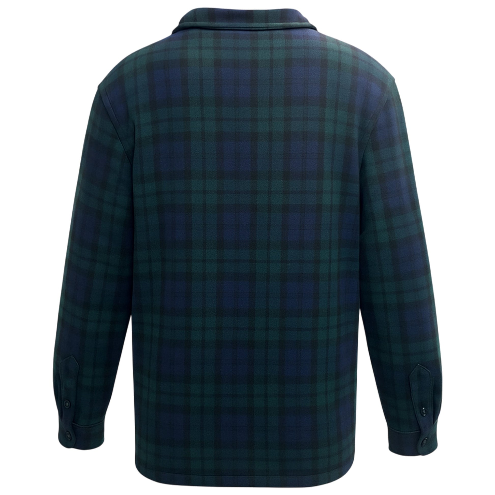 Men’s blue and green check fleece sherpa-lined work shirt jacket with zip front and chest pockets.