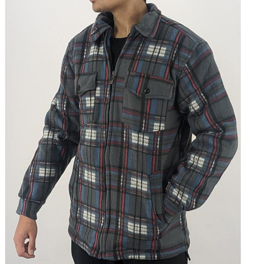 Men’s grey and blue check fleece sherpa-lined work shirt jacket with zip front and chest pockets.