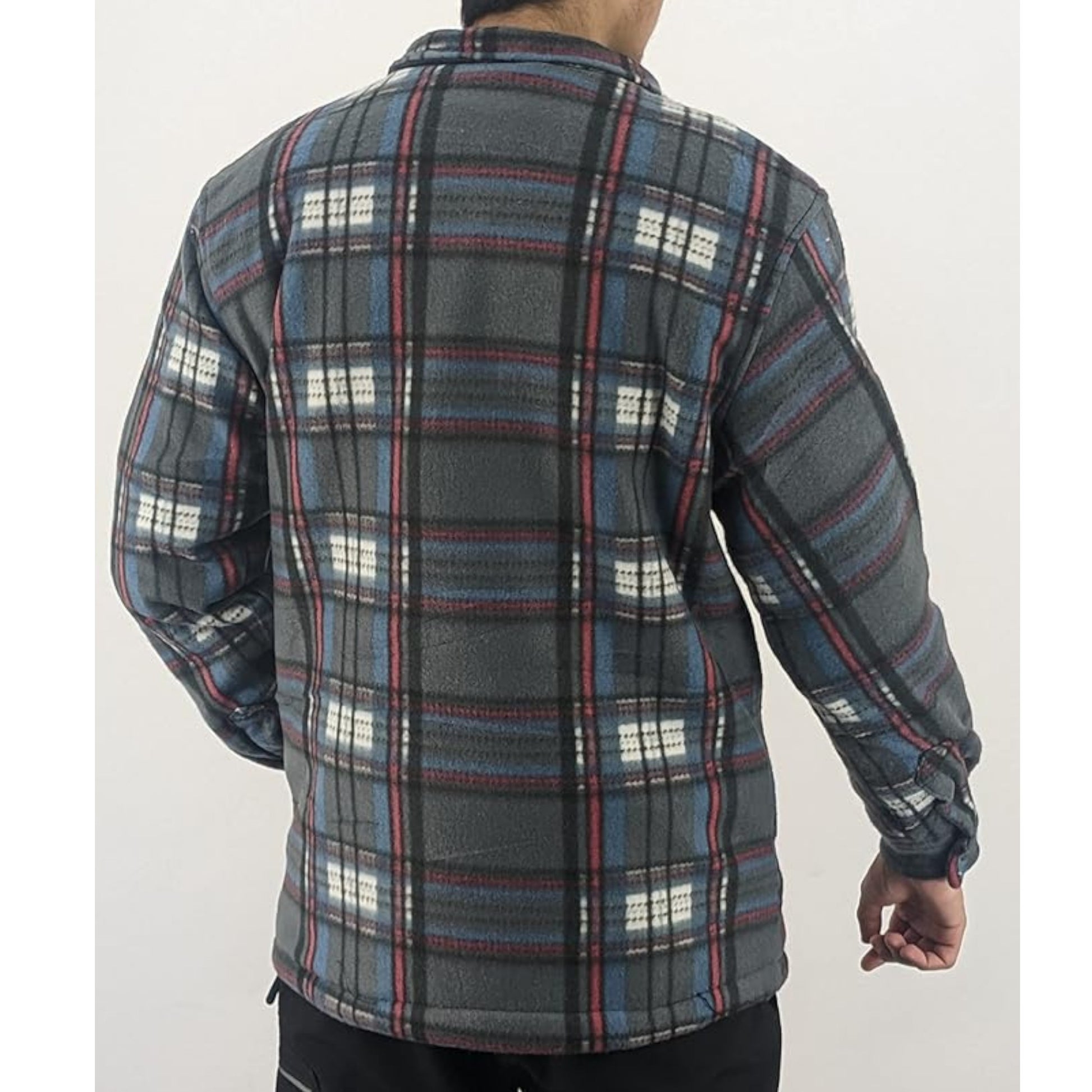 Men’s grey and blue check fleece sherpa-lined work shirt jacket with zip front and chest pockets.