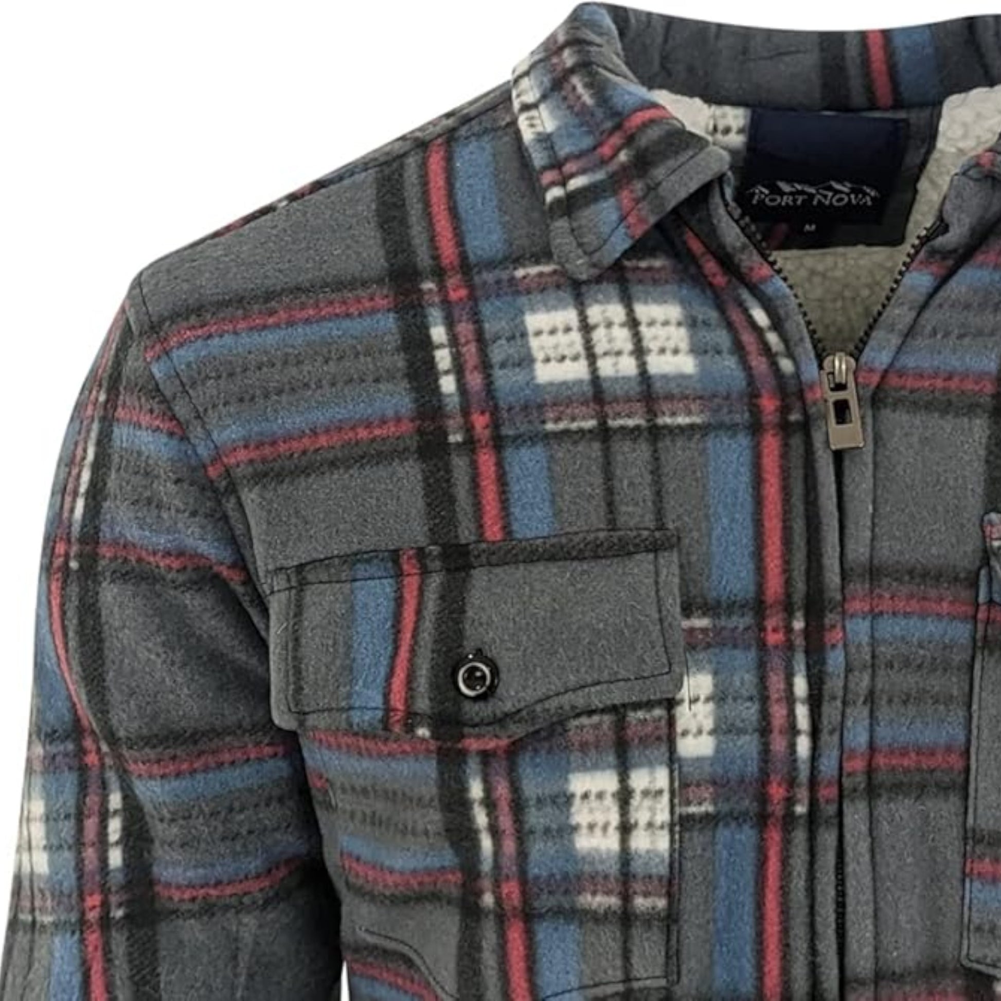Men’s grey and blue check fleece sherpa-lined work shirt jacket with zip front and chest pockets.