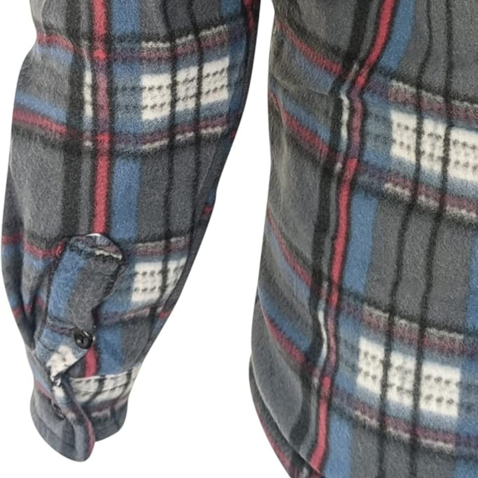 Men’s grey and blue check fleece sherpa-lined work shirt jacket with zip front and chest pockets.