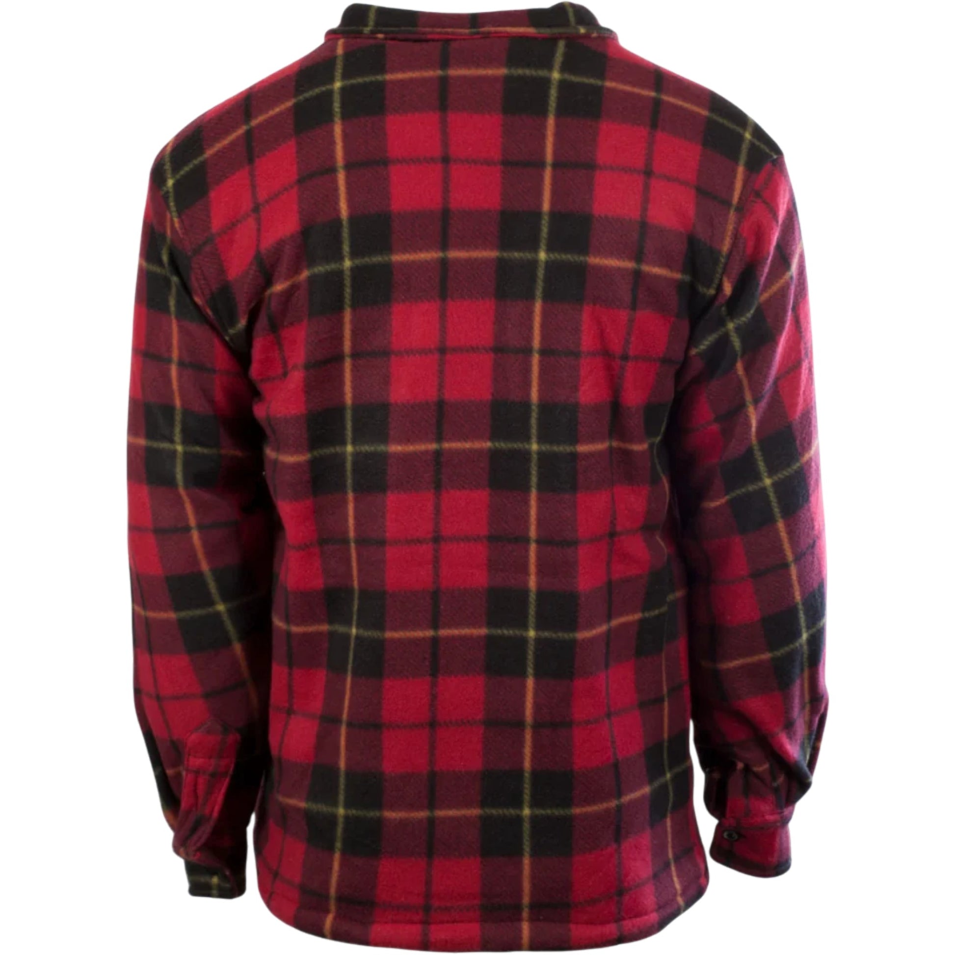 Men’s red and black check fleece sherpa-lined work shirt jacket with zip front and chest pockets.