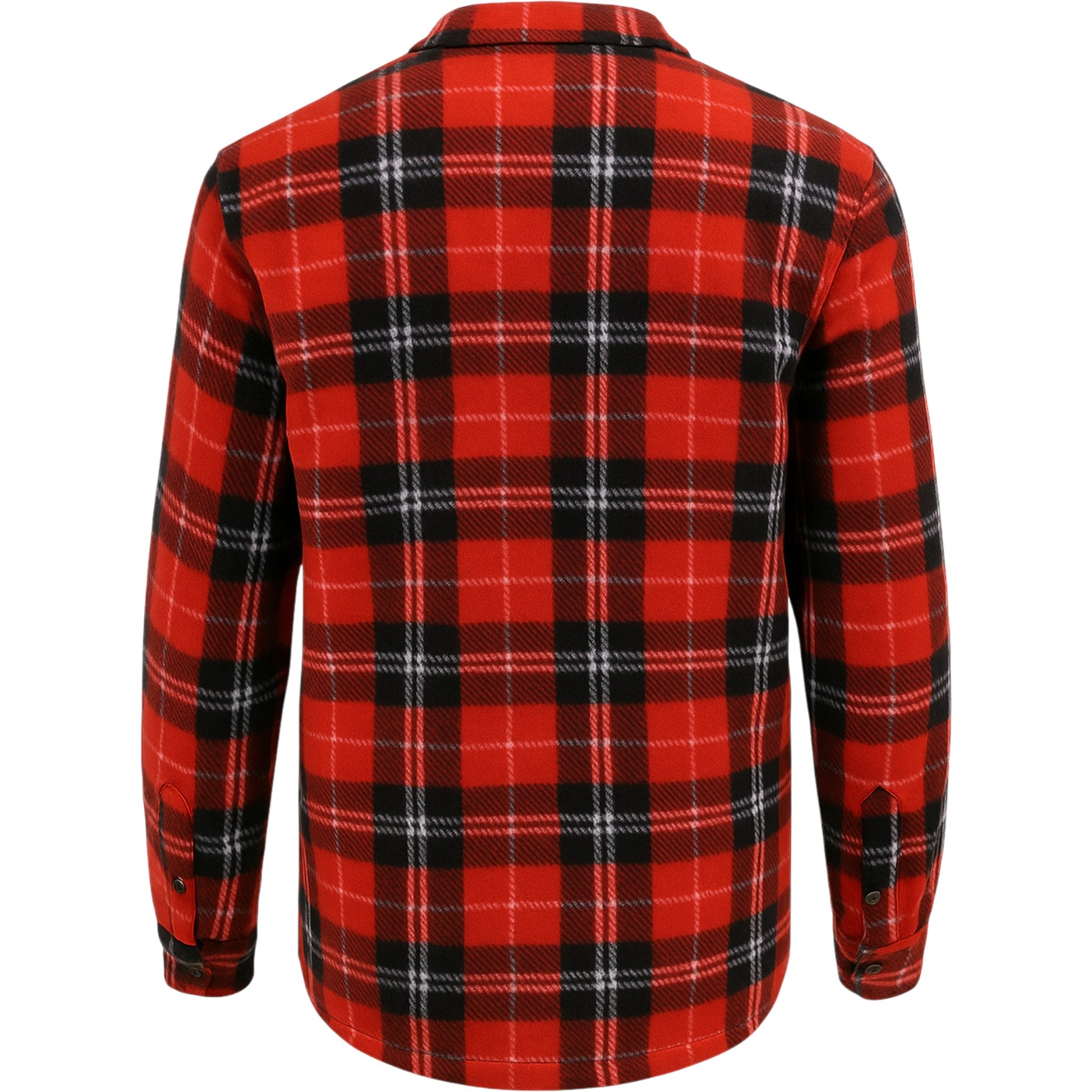 Men’s red check fleece sherpa-lined work shirt jacket with zip front and chest pockets.