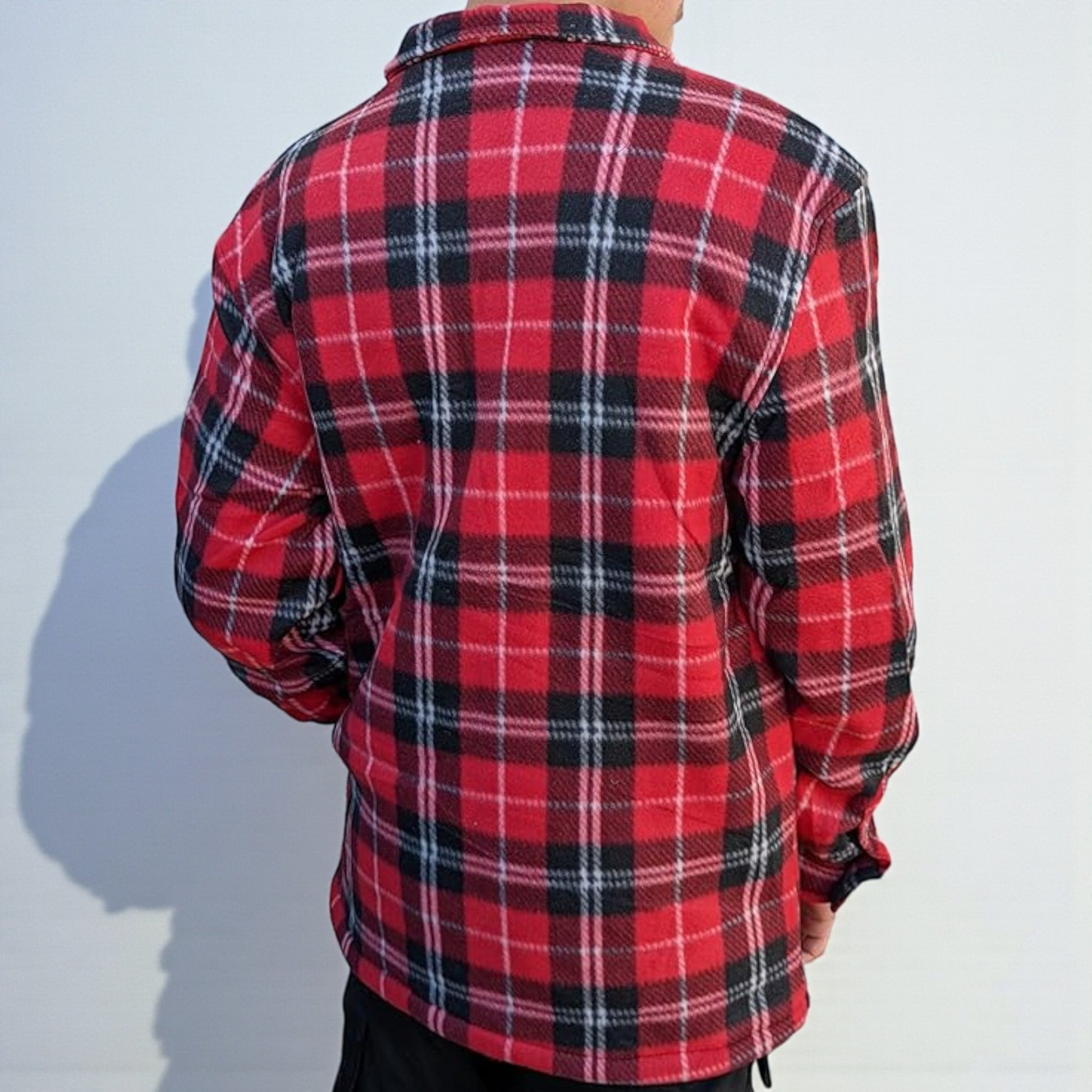 Men’s red check fleece sherpa-lined work shirt jacket with zip front and chest pockets.